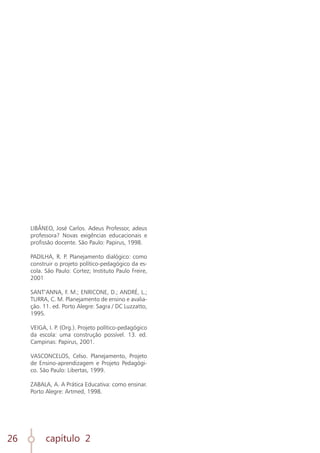 capítulo 2
26
LIBÂNEO, José Carlos. Adeus Professor, adeus
professora? Novas exigências educacionais e
profissão docente. São Paulo: Papirus, 1998.
PADILHA, R. P. Planejamento dialógico: como
construir o projeto político-pedagógico da es-
cola. São Paulo: Cortez; Instituto Paulo Freire,
2001
SANT’ANNA, F. M.; ENRICONE, D.; ANDRÉ, L.;
TURRA, C. M. Planejamento de ensino e avalia-
ção. 11. ed. Porto Alegre: Sagra / DC Luzzatto,
1995.
VEIGA, I. P. (Org.). Projeto político-pedagógico
da escola: uma construção possível. 13. ed.
Campinas: Papirus, 2001.
VASCONCELOS, Celso. Planejamento, Projeto
de Ensino-aprendizagem e Projeto Pedagógi-
co. São Paulo: Libertas, 1999.
ZABALA, A. A Prática Educativa: como ensinar.
Porto Alegre: Artmed, 1998.
 
