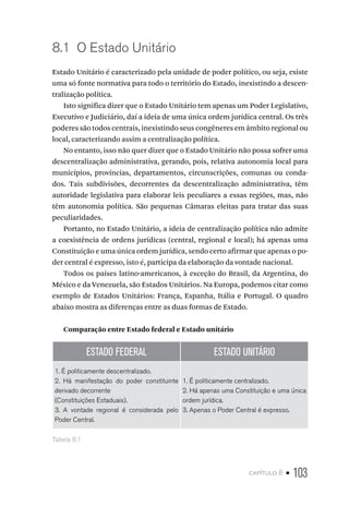capítulo 8 • 103
8.1 O Estado Unitário
Estado Unitário é caracterizado pela unidade de poder político, ou seja, existe
uma só fonte normativa para todo o território do Estado, inexistindo a descen-
tralização política.
Isto significa dizer que o Estado Unitário tem apenas um Poder Legislativo,
Executivo e Judiciário, daí a ideia de uma única ordem jurídica central. Os três
poderes são todos centrais, inexistindo seus congêneres em âmbito regional ou
local, caracterizando assim a centralização política.
No entanto, isso não quer dizer que o Estado Unitário não possa sofrer uma
descentralização administrativa, gerando, pois, relativa autonomia local para
municípios, províncias, departamentos, circunscrições, comunas ou conda-
dos. Tais subdivisões, decorrentes da descentralização administrativa, têm
autoridade legislativa para elaborar leis peculiares a essas regiões, mas, não
têm autonomia política. São pequenas Câmaras eleitas para tratar das suas
peculiaridades.
Portanto, no Estado Unitário, a ideia de centralização política não admite
a coexistência de ordens jurídicas (central, regional e local); há apenas uma
Constituição e uma única ordem jurídica, sendo certo afirmar que apenas o po-
der central é expresso, isto é, participa da elaboração da vontade nacional.
Todos os países latino-americanos, à exceção do Brasil, da Argentina, do
México e da Venezuela, são Estados Unitários. Na Europa, podemos citar como
exemplo de Estados Unitários: França, Espanha, Itália e Portugal. O quadro
abaixo mostra as diferenças entre as duas formas de Estado.
Comparação entre Estado federal e Estado unitário
ESTADO FEDERAL ESTADO UNITÁRIO
1. É politicamente descentralizado.
2. Há manifestação do poder constituinte
derivado decorrente
(Constituições Estaduais).
3. A vontade regional é considerada pelo
Poder Central.
1. É politicamente centralizado.
2. Há apenas uma Constituição e uma única
ordem jurídica.
3. Apenas o Poder Central é expresso.
Tabela 8.1
 
