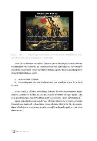 158 • capítulo 12
Figura 12.2 – http://image.slidesharecdn.com/estadoliberal-130322164908-phpa-
pp01/95/estado-liberal-3-638.jpg?cb=1363970988
Além disso, é importante ainda destacar que a Revolução Francesa simbo-
liza também o nascimento do constitucionalismo democrático, cujo objetivo
maior era exatamente conter o poder do Estado a partir de dois grandes pilares
de sustentabilidade, a saber:
a) separação de poderes;
b) um catálogo de direitos fundamentais que se coloca acima do próprio
Estado.
Assim sendo, o Estado Liberal lança as bases do constitucionalismo demo-
crático, afastando o modelo de Estado Absoluto até então em vigor desde 1649,
com a assinatura da Paz de Vestfália de 1648, conforme vimos na Unidade II.
Aqui é importante compreender que o Estado Liberal é a primeira versão do
Estado Constitucional, vislumbrado como o Estado Liberal de Direito, reagin-
do ao absolutismo e sua concentração monolítica do poder político nas mãos
do monarca.
 