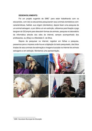 DESENVOLVIMENTO.
Foi um projeto sugerido de SME1 para estar trabalhando com os
educandos, com isto os educandos pesquisaram seus animais domésticos com:
características, habitat, sua origem (doméstico), depois fazer uma pesquisa de
um animal selvagem, e por último um em extinção, utilizamos para fixação o jogo
tangram do GCompris para descobrir formas de animais, pesquisa no laboratório
de informática através dos sites de internet, sempre acompanhado dos
professores, eu (Elay) e a Maristela C. da Silva.
Depois de pesquisar na internet, registrar em folhas a pesquisa,
passamos para o impress onde houve a digitação do texto pesquisado, das fotos
tiradas de seus animais de estimação e imagens buscada na internet de animais
selvagens e em extinção. Montamos uma apresentação.
1 SME: Secretaria Municipal de Educação
 