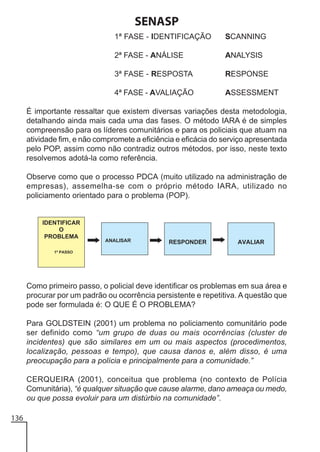 SENASP
1ª FASE - IDENTIFICAÇÃO

SCANNING

2ª FASE - ANÁLISE

ANALYSIS

3ª FASE - RESPOSTA

RESPONSE

4ª FASE - AVALIAÇÃO

ASSESSMENT

É importante ressaltar que existem diversas variações desta metodologia,
detalhando ainda mais cada uma das fases. O método IARA é de simples
compreensão para os líderes comunitários e para os policiais que atuam na
atividade fim, e não compromete a eficiência e eficácia do serviço apresentada
pelo POP, assim como não contradiz outros métodos, por isso, neste texto
resolvemos adotá-la como referência.
Observe como que o processo PDCA (muito utilizado na administração de
empresas), assemelha-se com o próprio método IARA, utilizado no
policiamento orientado para o problema (POP).

Como primeiro passo, o policial deve identificar os problemas em sua área e
procurar por um padrão ou ocorrência persistente e repetitiva. A questão que
pode ser formulada é: O QUE É O PROBLEMA?
Para GOLDSTEIN (2001) um problema no policiamento comunitário pode
ser definido como “um grupo de duas ou mais ocorrências (cluster de
incidentes) que são similares em um ou mais aspectos (procedimentos,
localização, pessoas e tempo), que causa danos e, além disso, é uma
preocupação para a polícia e principalmente para a comunidade.”
CERQUEIRA (2001), conceitua que problema (no contexto de Polícia
Comunitária), “é qualquer situação que cause alarme, dano ameaça ou medo,
ou que possa evoluir para um distúrbio na comunidade”.
136

 