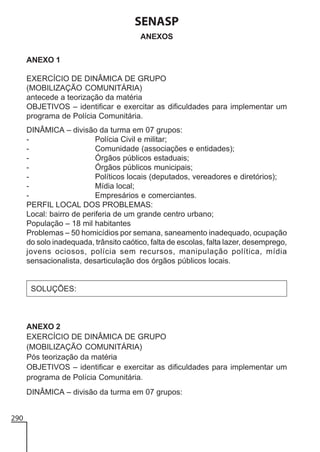 SENASP
ANEXOS
ANEXO 1
EXERCÍCIO DE DINÂMICA DE GRUPO
(MOBILIZAÇÃO COMUNITÁRIA)
antecede a teorização da matéria
OBJETIVOS – identificar e exercitar as dificuldades para implementar um
programa de Polícia Comunitária.
DINÂMICA – divisão da turma em 07 grupos:
Polícia Civil e militar;
Comunidade (associações e entidades);
Órgãos públicos estaduais;
Órgãos públicos municipais;
Políticos locais (deputados, vereadores e diretórios);
Mídia local;
Empresários e comerciantes.
PERFIL LOCAL DOS PROBLEMAS:
Local: bairro de periferia de um grande centro urbano;
População – 18 mil habitantes
Problemas – 50 homicídios por semana, saneamento inadequado, ocupação
do solo inadequada, trânsito caótico, falta de escolas, falta lazer, desemprego,
jovens ociosos, polícia sem recursos, manipulação política, mídia
sensacionalista, desarticulação dos órgãos públicos locais.

SOLUÇÕES:

ANEXO 2
EXERCÍCIO DE DINÂMICA DE GRUPO
(MOBILIZAÇÃO COMUNITÁRIA)
Pós teorização da matéria
OBJETIVOS – identificar e exercitar as dificuldades para implementar um
programa de Polícia Comunitária.
DINÂMICA – divisão da turma em 07 grupos:
290

 