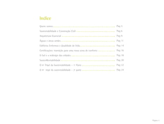 Página 3
Quem somos
Sustentabilidade e Construção Civil
Arquitetura Essencial
Águas e áreas verdes
Edifícios Enfermos e Qualidade de Vida
Certificações: transição para uma nova zona de conforto
O Sol e o redesign das cidades
SustenRentabilidade
O 4º Tripé da Sustentabilidade – 1ª Parte
O 4º tripé da sustentabilidade – 2ª parte
Pag 5
Pag 6
Pag 9
Pag 11
Pag 14
Pag 16
Pag 18
Pag 20
Pag 22
Pag 24
Indice
 