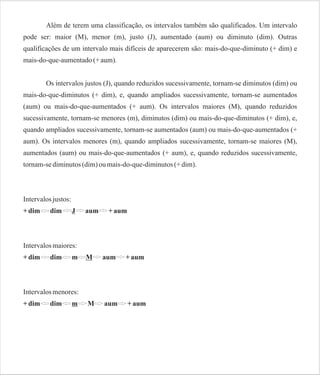 Além de terem uma classificação, os intervalos também são qualificados. Um intervalo
pode ser: maior (M), menor (m), justo (J), aumentado (aum) ou diminuto (dim). Outras
qualificações de um intervalo mais difíceis de aparecerem são: mais-do-que-diminuto (+ dim) e
mais-do-que-aumentado (+ aum).
Os intervalos justos (J), quando reduzidos sucessivamente, tornam-se diminutos (dim) ou
mais-do-que-diminutos (+ dim), e, quando ampliados sucessivamente, tornam-se aumentados
(aum) ou mais-do-que-aumentados (+ aum). Os intervalos maiores (M), quando reduzidos
sucessivamente, tornam-se menores (m), diminutos (dim) ou mais-do-que-diminutos (+ dim), e,
quando ampliados sucessivamente, tornam-se aumentados (aum) ou mais-do-que-aumentados (+
aum). Os intervalos menores (m), quando ampliados sucessivamente, tornam-se maiores (M),
aumentados (aum) ou mais-do-que-aumentados (+ aum), e, quando reduzidos sucessivamente,
tornam-se diminutos (dim) ou mais-do-que-diminutos (+ dim).

Intervalos justos:
+ dim

dim

J

aum

+ aum

Intervalos maiores:
+ dim

dim

m

M

aum

+ aum

M

aum

+ aum

Intervalos menores:
+ dim

dim

m

 