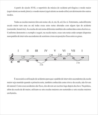A partir do século XVII, o repertório da música do ocidente privilegiou o modo maior
(equivalente ao modo jônio) e o modo menor (equivalente ao modo eólio) em detrimento dos outros
modos.
Todas as escalas maiores têm sete notas: dó, ré, mi, fá, sol, lá e si. Entretanto, cada diferente
escala maior tem uma ou até todas essas setes notas alteradas com algum tipo de acidente
(sustenido, bemol etc). As escalas de sete notas diferentes também são conhecidas como diatônicas.
Conforme demonstra o exemplo a seguir, na escala maior, essas sete notas estão sempre dispostas
num padrão de intervalos ascendentes de semitons e tons em posições fixas entre os graus.

É necessária a utilização de acidentes para que o padrão de intervalos ascendentes da escala
maior seja mantido quando a primeira nota, também conhecida como tônica da escala, não for um
dó natural. Como esses acidentes são fixos, eles devem ser escritos logo depois da clave. Na prática,
além da escala de dó maior, utilizam-se sete escalas maiores em sustenidos e sete escalas maiores
em bemóis.

 