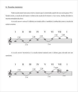 6. Escalas menores
Todo escala maior tem uma relativa menor que é construída a partir de seu sexto grau ( VI ).
Sendo assim, a escala de dó maior é relativa da escala de lá menor e vice-versa. Ambas dividem a
mesma armadura da clave.
A escala menor natural é idêntica ao modo eólio e também é conhecida como a escala da
relativa menor.

A escala menor harmônica é a escala menor natural com o sétimo grau elevado em um
semitom.

 