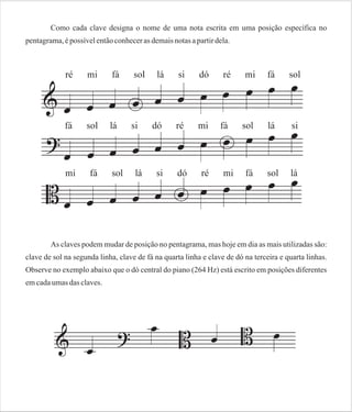 Como cada clave designa o nome de uma nota escrita em uma posição específica no
pentagrama, é possível então conhecer as demais notas a partir dela.

As claves podem mudar de posição no pentagrama, mas hoje em dia as mais utilizadas são:
clave de sol na segunda linha, clave de fá na quarta linha e clave de dó na terceira e quarta linhas.
Observe no exemplo abaixo que o dó central do piano (264 Hz) está escrito em posições diferentes
em cada umas das claves.

 