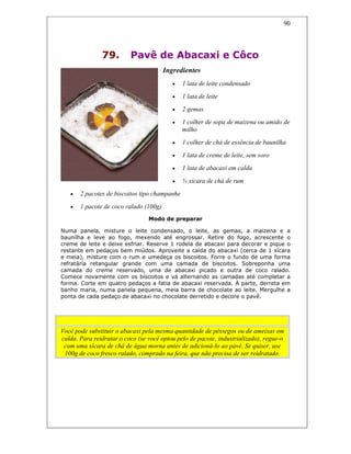 90
79. Pavê de Abacaxi e Côco
Ingredientes
• 1 lata de leite condensado
• 1 lata de leite
• 2 gemas
• 1 colher de sopa de maizena ou amido de
milho
• 1 colher de chá de essência de baunilha
• 1 lata de creme de leite, sem soro
• 1 lata de abacaxi em calda
• ½ xícara de chá de rum
• 2 pacotes de biscoitos tipo champanhe
• 1 pacote de coco ralado (100g)
Modo de preparar
Numa panela, misture o leite condensado, o leite, as gemas, a maizena e a
baunilha e leve ao fogo, mexendo até engrossar. Retire do fogo, acrescente o
creme de leite e deixe esfriar. Reserve 1 rodela de abacaxi para decorar e pique o
restante em pedaços bem miúdos. Aproveite a calda do abacaxi (cerca de 1 xícara
e meia), misture com o rum e umedeça os biscoitos. Forre o fundo de uma forma
refratária retangular grande com uma camada de biscoitos. Sobreponha uma
camada do creme reservado, uma de abacaxi picado e outra de coco ralado.
Comece novamente com os biscoitos e vá alternando as camadas até completar a
forma. Corte em quatro pedaços a fatia de abacaxi reservada. À parte, derreta em
banho maria, numa panela pequena, meia barra de chocolate ao leite. Mergulhe a
ponta de cada pedaço de abacaxi no chocolate derretido e decore o pavê.
Dicas
Você pode substituir o abacaxi pela mesma quantidade de pêssegos ou de ameixas em
calda. Para reidratar o coco (se você optou pelo de pacote, industrializado), regue-o
com uma xícara de chá de água morna antes de adicioná-lo ao pavê. Se quiser, use
100g de coco fresco ralado, comprado na feira, que não precisa de ser reidratado.
 