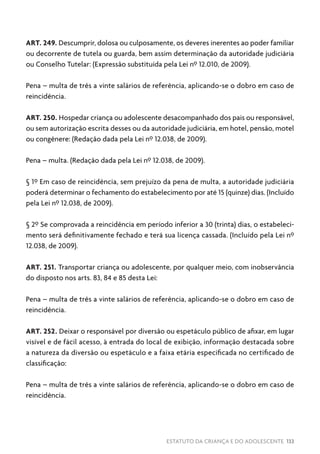 ESTATUTO DA CRIANÇA E DO ADOLESCENTE 133
ART. 249. Descumprir, dolosa ou culposamente, os deveres inerentes ao poder familiar
ou decorrente de tutela ou guarda, bem assim determinação da autoridade judiciária
ou Conselho Tutelar: (Expressão substituída pela Lei nº 12.010, de 2009).
Pena – multa de três a vinte salários de referência, aplicando-se o dobro em caso de
reincidência.
ART. 250. Hospedar criança ou adolescente desacompanhado dos pais ou responsável,
ou sem autorização escrita desses ou da autoridade judiciária, em hotel, pensão, motel
ou congênere: (Redação dada pela Lei nº 12.038, de 2009).
Pena – multa. (Redação dada pela Lei nº 12.038, de 2009).
§ 1º Em caso de reincidência, sem prejuízo da pena de multa, a autoridade judiciária
poderá determinar o fechamento do estabelecimento por até 15 (quinze) dias. (Incluído
pela Lei nº 12.038, de 2009).
§ 2º Se comprovada a reincidência em período inferior a 30 (trinta) dias, o estabeleci-
mento será definitivamente fechado e terá sua licença cassada. (Incluído pela Lei nº
12.038, de 2009).
ART. 251. Transportar criança ou adolescente, por qualquer meio, com inobservância
do disposto nos arts. 83, 84 e 85 desta Lei:
Pena – multa de três a vinte salários de referência, aplicando-se o dobro em caso de
reincidência.
ART. 252. Deixar o responsável por diversão ou espetáculo público de afixar, em lugar
visível e de fácil acesso, à entrada do local de exibição, informação destacada sobre
a natureza da diversão ou espetáculo e a faixa etária especificada no certificado de
classificação:
Pena – multa de três a vinte salários de referência, aplicando-se o dobro em caso de
reincidência.
 