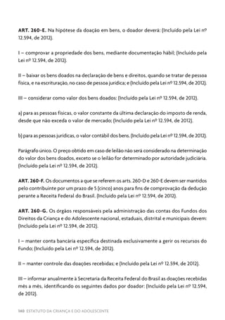 140 ESTATUTO DA CRIANÇA E DO ADOLESCENTE
ART. 260-E. Na hipótese da doação em bens, o doador deverá: (Incluído pela Lei nº
12.594, de 2012).
I – comprovar a propriedade dos bens, mediante documentação hábil; (Incluído pela
Lei nº 12.594, de 2012).
II – baixar os bens doados na declaração de bens e direitos, quando se tratar de pessoa
física, e na escrituração, no caso de pessoa jurídica; e (Incluído pela Lei nº 12.594, de 2012).
III – considerar como valor dos bens doados: (Incluído pela Lei nº 12.594, de 2012).
a) para as pessoas físicas, o valor constante da última declaração do imposto de renda,
desde que não exceda o valor de mercado; (Incluído pela Lei nº 12.594, de 2012).
b) para as pessoas jurídicas, o valor contábil dos bens. (Incluído pela Lei nº 12.594, de 2012).
Parágrafo único. O preço obtido em caso de leilão não será considerado na determinação
do valor dos bens doados, exceto se o leilão for determinado por autoridade judiciária.
(Incluído pela Lei nº 12.594, de 2012).
ART. 260-F. Os documentos a que se referem os arts. 260-D e 260-E devem ser mantidos
pelo contribuinte por um prazo de 5 (cinco) anos para fins de comprovação da dedução
perante a Receita Federal do Brasil. (Incluído pela Lei nº 12.594, de 2012).
ART. 260-G. Os órgãos responsáveis pela administração das contas dos Fundos dos
Direitos da Criança e do Adolescente nacional, estaduais, distrital e municipais devem:
(Incluído pela Lei nº 12.594, de 2012).
I – manter conta bancária específica destinada exclusivamente a gerir os recursos do
Fundo; (Incluído pela Lei nº 12.594, de 2012).
II – manter controle das doações recebidas; e (Incluído pela Lei nº 12.594, de 2012).
III – informar anualmente à Secretaria da Receita Federal do Brasil as doações recebidas
mês a mês, identificando os seguintes dados por doador: (Incluído pela Lei nº 12.594,
de 2012).
 