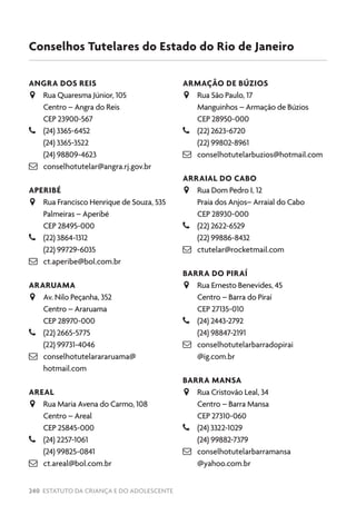 240 ESTATUTO DA CRIANÇA E DO ADOLESCENTE
Conselhos Tutelares do Estado do Rio de Janeiro
ANGRA DOS REIS
JJ Rua Quaresma Júnior, 105
Centro – Angra do Reis
CEP 23900-567
–– (24) 3365-6452
(24) 3365-3522
(24) 98809-4623
 conselhotutelar@angra.rj.gov.br
APERIBÉ
JJ Rua Francisco Henrique de Souza, 535
Palmeiras – Aperibé
CEP 28495-000
–– (22) 3864-1312
(22) 99729-6035
 ct.aperibe@bol.com.br
ARARUAMA
JJ Av. Nilo Peçanha, 352
Centro – Araruama
CEP 28970-000
–– (22) 2665-5775
(22) 99731-4046
 conselhotutelarararuama@
hotmail.com
AREAL
JJ Rua Maria Avena do Carmo, 108
Centro – Areal
CEP 25845-000
–– (24) 2257-1061
(24) 99825-0841
 ct.areal@bol.com.br
ARMAÇÃO DE BÚZIOS
JJ Rua São Paulo, 17
Manguinhos – Armação de Búzios
CEP 28950-000
–– (22) 2623-6720
(22) 99802-8961
 conselhotutelarbuzios@hotmail.com
ARRAIAL DO CABO
JJ Rua Dom Pedro I, 12
Praia dos Anjos– Arraial do Cabo
CEP 28930-000
–– (22) 2622-6529
(22) 99886-8432
 ctutelar@rocketmail.com
BARRA DO PIRAÍ
JJ Rua Ernesto Benevides, 45
Centro – Barra do Piraí
CEP 27135-010
–– (24) 2443-2792
(24) 98847-2191
 conselhotutelarbarradopirai
@ig.com.br
BARRA MANSA
JJ Rua Cristovão Leal, 34
Centro – Barra Mansa
CEP 27310-060
–– (24) 3322-1029
(24) 99882-7379
 conselhotutelarbarramansa
@yahoo.com.br
 