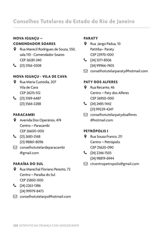 250 ESTATUTO DA CRIANÇA E DO ADOLESCENTE
NOVA IGUAÇU –
COMENDADOR SOARES
JJ Rua Marecil Rodrigues de Souza, 550,
sala 110 - Comendador Soares
CEP 26281-240
–– (21) 3766-0308
NOVA IGUAÇU - VILA DE CAVA
JJ Rua Maria Custódia, 207
Vila de Cava
CEP 26215-512
–– (21) 3769-6487
(21) 3566-2288
PARACAMBI
JJ Avenida Dos Operários, 474
Centro – Paracambi
CEP 26600-000
–– (21) 2683-2168
(21) 98861-8096
 conselhotutelardeparacambi
@gmail.com
PARAÍBA DO SUL
JJ Rua Marechal Floriano Peixoto, 72
Centro – Paraíba do Sul
CEP 25850-000
–– (24) 2263-1386
(24) 99979-8473
 conselhotutelarps@hotmail.com
PARATY
JJ Rua Jango Pádua, 10
Patitiba– Paraty
CEP 23970-000
–– (24) 3371-8506
(24) 99966-7403
 conselhotutelarparaty@hotmail.com
PATY DOS ALFERES
JJ Rua Recanto, 46
Centro – Paty dos Alferes
CEP 26950-000
–– (24) 2485-1442
(21) 99229-4247
 conselhotutelarpatydoalferes
@hotmail.com
PETRÓPOLIS I
JJ Rua Souza Franco, 211
Centro – Petrópolis
CEP 25620-090
–– (24) 2246-1503
(24) 98819-6944
 ctcentropetropolis@gmail.com
Conselhos Tutelares do Estado do Rio de Janeiro
 