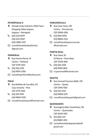 ESTATUTO DA CRIANÇA E DO ADOLESCENTE 251
PETRÓPOLIS II
JJ Estrada União Industria, 9200/loja 1
Shopping Valley Itaipava
Itaipava – Petrópolis
–– (24) 2222-8379
(24) 2232-0067
(24) 9 8855-3357
 conselhotutelardosdistritos
@gmail.com
PINHEIRAL
JJ Rua Ferreira Penna, 14
Centro – Pinheiral
CEP 27197-000
–– (24) 3356-3376
(24) 99915-2780
 conselhopinheiral@yahoo.com
PIRAÍ
JJ Rua Bulhões de Carvalho, 215
Casa Amarela – Piraí
CEP 27175-000
–– (24) 2431-9991
(24) 99967-7070
 conselhotutelarpirai@hotmail.com
PORCIÚNCULA
JJ Rua Cesar Vieira, 281
Centro – Porciúncula
CEP 28390-000
–– (22) 3842-2050
(22) 98844-5533
 conselhotutelarporciuncula
@hotmail.com
PORTO REAL
JJ Rua Ceará, 50
Di Fátima – Porto Real
CEP 27570-000
–– (24) 3353-4339
(24) 99961-8615
 ct.portoreal@hotmail.com
QUATIS
JJ Rua Coronel Francisco Balbi, 239
Centro – Quatis
CEP 27410-000
–– (24) 3353-6122
(24) 99858-5275
 conselhotutelarquatis@gmail.com
QUEIMADOS
JJ Rua Eugenio Belo Castanheira, 176
Centro – Queimados
CEP 26310-000
–– (21) 2665-1221
(21) 99887-4915
 conselhotutelardequeimados@
gmail.com
 