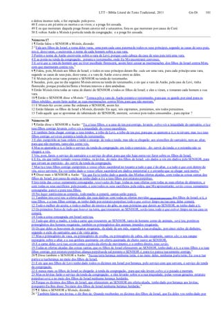 LTT – Bíblia Literal do Texto Tradicional, 2011 Gn-Dt 101
e deitou incenso nele, e fez expiação pelo povo.
48 E estava em péentre os mortos e os vivos; e a praga foi cessada.
49 E os que morreram daquela praga foram catorze mil e setecentos, fora os que morreram por causa de Coré.
50 E voltou Aarão a Moisés à portada tenda da congregação; e a praga foi cessada.
Números 17
1 ¶ Então falou o SENHOR a Moisés, dizendo:
2 “Fala aos filhos de Israel, e toma deles varas, uma para cada casa paternade todos os seus príncipes, segundo as casas de seus pais,
isto é, dozevaras; e escreverás o nome de cada homem sobre a sua vara.
3 Porém o nome de Aarão escreverás sobre a vara de Levi; porque cada cabeça da casa de seus pais terá uma vara.
4 E as porás na tenda da congregação, peranteo testemunho, onde Eu Meencontrarei convosco.
5 E será que a vara do homem que eu tiver escolhido florescerá; assim farei cessar as murmurações dos filhos de Israel contra Mim,
com que murmuram contra vós.”
6 ¶ Falou, pois, Moisés aos filhos de Israel; e todos os seus príncipes deram-lhe cada um uma vara, para cada príncipeuma vara,
segundo as casas de seus pais, dozevaras; e a vara de Aarão estava entre as deles.
7 E Moisés pôs estas varas perante o SENHOR na tenda do testemunho.
8 Sucedeu, pois, que no dia seguinte Moisés entrou na tenda do testemunho, e eis que a vara de Aarão, pela casa de Levi, tinha
florescido; porque produziraflores e brotara renovos e dera amêndoas.
9 Então Moisés tirou todas as varas de diante do SENHOR a todos os filhos de Israel; e eles o viram, e tomaram cada homem a sua
vara.
10 ¶ Então o SENHOR disse a Moisés:“Tornaa pôr a vara de Aarão peranteo testemunho, paraque se guarde por sinal para os
filhos rebeldes; assim farás acabar as suas murmurações contra Mim, para que não morram.”
11 E Moisés fez assim;como lhe ordenara o SENHOR, assim fez.
12 Então falaram os filhos de Israel a Moisés, dizendo: Eis aqui, nós expiramos, perecemos, nós todos perecemos.
13 Todo aquele que se aproximar do tabernáculo do SENHOR, morrerá; seremos pois todos consumidos , para expirar ?
Números 18
1 ¶ Então disse o SENHOR a Aarão: “Tu, e teus filhos, e a casa de teu paicontigo, levareis sobrevós a iniquidade do santuário; e tu e
teus filhos contigo levareis sobre vós a iniquidade do vosso sacerdócio.
2 E também farás chegar contigo a teus irmãos, a tribo de Levi, a tribo de teu pai, paraque se ajuntem a ti, e tesirvam; mas tu e teus
filhos contigo servireis perantea tenda do testemunho.
3 E eles cumprirão as tuas ordens e terão o encargo de toda a tenda; mas não se chegarão aos utensílios do santuário, nem ao altar,
para que não morram, tanto eles como vós.
4 Mas se ajuntarão a ti, e farão o serviço da tenda da congregação em todo o exercício- do- servir da tenda; e o estranho não se
chegará a vós.
5 Vós, pois, fareis o serviço do santuário e o serviço do altar; para que não haja outravez furor sobre os filhos de Israel.
6 E Eu, eis que tenho tomado vossos irmãos, os levitas, do meio dos filhos de Israel; são dados a vós em dádiva pelo SENHOR, para
que sirvam ao exercício- do- servir da tenda da congregação.
7 Mas tu e teus filhos contigo cumprireis o vosso ofício sacerdotal no tocante a tudo o que é do altar, e a tudo o que está dentro do
véu, nisso servireis; Eu vos tenho dado o vosso ofício sacerdotal em dádiva ministerial e o estranho que se chegar será morto.”
8 ¶ Disse mais o SENHOR a Aarão: “Eis que Eu te tenho dado a guarda das Minhas ofertas alçadas, com todas as coisas santas dos
filhos de Israel; por causa da unção as tenho dado a tie a teus filhos por estatuto perpétuo.
9 Isto terás das coisas sumamente consagradas reservadas do fogo: todas as suas ofertas com todas as suas ofertas de alimentos, e
com todas os seus sacrifícios pelo pecado, e com todos os seus sacrifícios pela culpa, que Meapresentarão; serão coisas sumamente
consagradas parati e para teus filhos.
10 No lugar santíssimo as comerás; todo macho a comerá; santas serão parati.
11 Também isto será teu: a oferta alçada das suas dádivas com todas as ofertas movidas (de um lado para outro) dos filhos de Israel; a ti, a
teus filhos, e a tuas filhas contigo, as tenho dado por estatuto perpétuo;todo o que estiver limpo na tua casa, delas comerá.
12 Todo o melhor do azeite, e todo o melhor do mosto e do grão, as suas primícias que derem ao SENHOR, as tenho dado a ti.
13 Os primeiros frutos de tudo que houver na terra, que trouxerem ao SENHOR, serão teus;todo o que estiver limpo na tua casa os
comerá.
14 Toda a coisa consagrada em Israel será tua.
15 Tudo que abrir a madre, e toda a carne que trouxerem ao SENHOR, tanto de homens como de animais, será teu; porémos
primogênitos dos homens resgatarás; também os primogênitos dos animais imundos resgatarás.
16 Os que deles se houverem de resgatar resgatarás, da idade de um mês, segundo a tua avaliação, por cinco siclos de dinheiro,
segundo o siclo do santuário, que é de vinte geras.
17 Mas o primogênito de vaca, ou primogênito de ovelha, ou primogênito de cabra, não resgatarás, santos são; o seu sangue
espargirás sobre o altar, e a sua gordura queimarás em oferta queimada de cheiro suave ao SENHOR.
18 E a carne deles será tua; assim como o peito da oferta de movimento, e o ombro direito, teus serão.
19 Todas as ofertas alçadas das coisas santas, que os filhos de Israel oferecerem ao SENHOR, tenho dado a ti, e a teus filhos e a tuas
filhas contigo, por estatuto perpétuo;aliança perpétuade sal perante o SENHOR é, para tie paraa tuasemente contigo.”
20 ¶ Disse também o SENHOR a Aarão: “Nasua terra herança nenhuma terás, e no meio deles, nenhuma parteterás; Eu sou a tua
partee a tuaherança no meio dos filhos de Israel.
21 E eis que aos filhos de Levi tenho dado todos os dízimos em Israel por herança, pelo serviço com que servem, o serviço da tenda
da congregação.
22 E nunca mais os filhos de Israel se chegarão à tenda da congregação, para que não levem sobre si o pecado e morram.
23 Mas os levitas farão o serviço da tenda da congregação, e eles levarão sobre si a sua iniquidade; pelas vossas gerações estatuto
perpétuo será;e no meio dos filhos de Israel nenhuma herança herdarão,
24 Porque os dízimos dos filhos de Israel, que oferecerem ao SENHOR em oferta alçada, tenho dado por herança aos levitas;
porquanto Eu lhes disse: No meio dos filhos de Israel nenhuma herança herdarão.”
25 ¶ E falou o SENHOR a Moisés, dizendo:
26 “Também falarás aos levitas, e dir-lhes-ás: Quando receberdes os dízimos dos filhos de Israel, que Eu deles vos tenho dado por
 