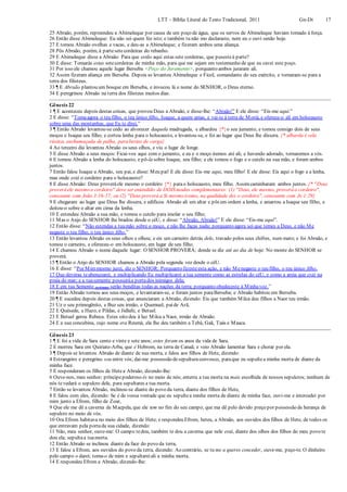 LTT – Bíblia Literal do Texto Tradicional, 2011 Gn-Dt 17
25 Abraão, porém, repreendeu a Abimeleque por causa de um poço de água, que os servos de Abimeleque haviam tomado à força.
26 Então disse Abimeleque: Eu não sei quem fez isto; e também tu não mo declaraste, nem eu o ouvi senão hoje.
27 E tomou Abraão ovelhas e vacas, e deu-as a Abimeleque; e fizeram ambos uma aliança.
28 Pôs Abraão, porém, à partesetecordeiras do rebanho.
29 E Abimeleque disse a Abraão: Para que estão aqui estas sete cordeiras, que pusesteà parte?
30 E disse: Tomarás estas setecordeiras de minha mão, para que me sejam em testemunho de que eu cavei este poço.
31 Por isso ele chamou aquele lugar Berseba <Poço do Juramento>, porquanto ambos juraram ali.
32 Assim fizeram aliança em Berseba. Depois se levantou Abimeleque e Ficol, comandante do seu exército, e tornaram-se para a
terra dos filisteus.
33 ¶ E Abraão plantou um bosque em Berseba, e invocou lá o nome do SENHOR, o Deus eterno.
34 E peregrinou Abraão na terra dos filisteus muitos dias.
Gênesis 22
1 ¶ E aconteceu depois destas coisas, que provou Deus a Abraão, e disse-lhe: “Abraão!” E ele disse: “Eis-me aqui.”
2 E disse: “Tomaagora o teu filho, o teu único filho, Isaque, a quem amas, e vai-te à terra de Moriá, e oferece-o ali em holocausto
sobre uma das montanhas, que Eu te direi.”
3 ¶ Então Abraão levantou-se cedo ao alvorecer daquela madrugada, e albardou {*}o seu jumento, e tomou consigo dois de seus
moços e Isaque seu filho; e cortou lenha para o holocausto, e levantou-se, e foi ao lugar que Deus lhe dissera. {* albarda é sela
rústica, enchumaçada de palha, para bestas de carga}
4 Ao terceiro dia levantou Abraão os seus olhos, e viu o lugar de longe.
5 E disse Abraão a seus moços: Ficai-vos aqui com o jumento, e eu e o moço iremos até ali; e havendo adorado, tornaremos a vós.
6 E tomou Abraão a lenha do holocausto, e pô-la sobre Isaque, seu filho; e ele tomou o fogo e o cutelo na sua mão, e foram ambos
juntos.
7 Então falou Isaque a Abraão, seu pai, e disse: Meu pai! E ele disse: Eis-me aqui, meu filho! E ele disse: Eis aqui o fogo e a lenha,
mas onde está o cordeiro para o holocausto?
8 E disse Abraão: Deus proveráele mesmo o cordeiro {*} parao holocausto, meu filho. Assimcaminharam ambos juntos. {* "Deus
proverá ele mesmo o cordeiro" deve ser entendido de DOIS modos complementares: (1) "Deus, ele mesmo, proverá o cordeiro",
consoante com João 3:16-17; ou (2) "Deus proverá a Si mesmo (como, na qualidade de) o cordeiro", consoante com Jo 1:29}
9 E chegaram ao lugar que Deus lhe dissera, e edificou Abraão ali um altar e pôs em ordem a lenha, e amarrou a Isaque seu filho, e
deitou-o sobre o altar em cima da lenha.
10 E estendeu Abraão a sua mão, e tomou o cutelo para imolar o seu filho;
11 Mas o Anjo do SENHOR lhe bradou desde o céU, e disse: “Abraão, Abraão!” E ele disse: “Eis-me aqui”.
12 Então disse: “Não estendas a tuamão sobre o moço, e não lhe faças nada; porquanto agora sei que temes a Deus, e não Me
negaste o teu filho, o teu único filho.”
13 Então levantou Abraão os seus olhos e olhou; e eis um carneiro detrás dele, travado pelos seus chifres, num mato; e foi Abraão, e
tomou o carneiro, e ofereceu-o em holocausto, em lugar de seu filho.
14 E chamou Abraão o nome daquele lugar: O SENHOR PROVERÁ; donde se diz até ao dia de hoje: No monte do SENHOR se
proverá.
15 ¶ Então o Anjo do SENHOR chamou a Abraão pela segunda vez desde o céU.
16 E disse: “Por Mimmesmo jurei, diz o SENHOR: Porquanto fizesteesta ação, e não Menegaste o teu filho, o teu único filho,
17 Que deveras teabençoarei, e multiplicando Eu multiplicarei a tua semente como as estrelas do céU, e como a areia que está na
praia do mar; e a tuasemente possuiráa portados inimigos dela;
18 E em tua Semente (o Cristo) serão benditas todas as nações da terra; porquanto obedeceste à Minhavoz.”
19 Então Abraão tornou aos seus moços, e levantaram-se, e foram juntos paraBerseba; e Abraão habitou em Berseba.
20 ¶ E sucedeu depois destas coisas, que anunciaram a Abraão, dizendo: Eis que também Milca deu filhos a Naor teu irmão.
21 Uz o seu primogênito, e Buz seu irmão, e Quemuel, paide Arã,
22 E Quésede, e Hazo, e Pildas, e Jidlafe, e Betuel.
23 E Betuel gerou Rebeca. Estes oito deu à luz Milca a Naor, irmão de Abraão.
24 E a sua concubina, cujo nome era Reumá, ela lhe deu também a Tebá, Gaã, Taás e Maaca.
Gênesis 23
1 ¶ E foi a vida de Sara cento e vinte e sete anos; estes foram os anos da vida de Sara.
2 E morreu Sara em Quiriate-Arba, que é Hebrom, na terra de Canaã; e veio Abraão lamentar Sara e chorar por ela.
3 ¶ Depois se levantou Abraão de diante de sua morta, e falou aos filhos de Hete, dizendo:
4 Estrangeiro e peregrino sou entre vós; dai-me possessão desepulturaconvosco, paraque eu sepultea minha morta de diante da
minha face.
5 E responderam os filhos de Hetea Abraão, dizendo-lhe:
6 Ouve-nos, meu senhor; príncipepoderoso és no meio de nós; enterra a tua morta na mais escolhida de nossos sepulcros; nenhum de
nós tevedará o sepulcro dele, para sepultares a tua morta.
7 Então se levantou Abraão, inclinou-se diante do povo da terra, diante dos filhos de Hete,
8 E falou com eles, dizendo: Se é de vossa vontade que eu sepultea minha morta de diante de minha face, ouvi-me e intercedei por
mim junto a Efrom, filho de Zoar,
9 Que ele me dê a caverna de Macpela, que ele tem no fim do seu campo; que ma dê pelo devido preço por possessão de herança de
sepulcro no meio de vós.
10 Ora Efrom habitava no meio dos filhos de Hete; e respondeu Efrom, heteu, a Abraão, aos ouvidos dos filhos de Hete, de todos os
que entravam pela portada sua cidade, dizendo:
11 Não, meu senhor, ouve-me: O campo tedou, também te dou a caverna que nele está, diante dos olhos dos filhos do meu povo te
dou ela; sepultaa tuamorta.
12 Então Abraão se inclinou diante da face do povo da terra,
13 E falou a Efrom, aos ouvidos do povo da terra, dizendo: Ao contrário, se tu me a queres conceder, ouve-me, peço-te. O dinheiro
pelo campo o darei; toma-o de mim e sepultareiali a minha morta.
14 E respondeu Efrom a Abraão, dizendo-lhe:
 