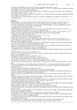 LTT – Bíblia Literal do Texto Tradicional, 2011 Gn-Dt 23
31 ¶ Vendo, pois, o SENHOR que Lia era desprezada, abriu a sua madre; porémRaquel era estéril.
32 E concebeu Lia, e deu à luz um filho, e chamou o seu nome Rúben <Eis! Um Filho>; pois disse: Porque o SENHOR atentou para
a minha aflição, por isso agora me amará o meu marido.
33 E concebeu outravez, e deu à luz um filho, dizendo: Porquanto o SENHOR ouviu que eu era desprezada, e deu-me também este
filho. E chamou o seu nome Simeão <Ouvindo>.
34 E concebeu outravez, e deu à luz um filho, dizendo: Agora esta vez se unirá meu marido a mim, porquetrês filhos lhe tenho dado.
Por isso chamou o seu nome Levi <Junto>.
35 E concebeu outravez e deu à luz um filho, dizendo: Esta vez louvarei ao SENHOR. Por isso chamou o seu nome Judá <Louvor>;
e cessou de dar à luz.
Gênesis 30
1 ¶ Quando Raquel viu que não dava filhos a Jacó, teve Raquel inveja de sua irmã, e disse a Jacó: Dá-me filhos, senão morro.
2 Então se acendeu a ira de Jacó contra Raquel, e disse: estou eu no lugar de Deus, que te impediu o fruto de teu ventre?
3 E ela disse: Eis aqui minha serva Bila; entra a ela, paraque dê à luz sobre meus joelhos, e eu assim receba filhos por meio dela.
4 Assim lhe deu a Bila, sua serva, por mulher; e Jacó entrou a ela.
5 E concebeu Bila, e deu à luz um filho a Jacó.
6 Então disse Raquel: Julgou-me Deus, e também ouviu a minha voz, e me deu um filho; por isso, chamou o seu nome Dã <Juiz>.
7 E Bila, serva de Raquel, concebeu outra vez, e deu à luz o segundo filho a Jacó.
8 Então disse Raquel: Com grandes lutas tenho lutado com minha irmã; também venci; e chamou o seu nome Naftali <Lutando>.
9 Vendo, pois, Lia que cessava de ter filhos, tomou também a Zilpa, sua serva, e deu-a a Jacó por mulher.
10 E Zilpa, serva de Lia, deu à luz um filho a Jacó.
11 Então disse Lia: Vem uma tropa! e chamou o seu nome Gade <Vem uma Tropa>.
12 Depois Zilpa, serva de Lia, deu à luz um segundo filho a Jacó.
13 Então disse Lia: Para minha ventura; porqueas filhas me terão por bem-aventurada; e chamou o seu nome Aser <Feliz>.
14 ¶ E foi Rúben nos dias da ceifa do trigo, e achou mandrágoras no campo. E trouxe-as a Lia sua mãe. Então disse Raquel a Lia:
Rogo-te, dá-me das mandrágoras de teu filho.
15 E ela lhe disse: É já pouco que hajas tomado o meu marido, tomarás também as mandrágoras do meu filho? Então disse Raquel:
Por isso ele se deitará contigo esta noite pelas mandrágoras de teu filho.
16 Vindo, pois, Jacó ao anoitecer do campo, saiu-lhe Lia a encontrá-lo, e disse: A mim entrarás, esta noite, porque certamente te
aluguei com as mandrágoras do meu filho. E deitou-se com ela aquela noite.
17 E atendeu Deus a Lia, e ela concebeu, e deu à luz um quinto filho a Jacó .
18 Então disse Lia: Deus me tem dado o meu galardão, pois tenho dado minha serva ao meu marido. E chamou o seu nome Issacar
<Galardão>.
19 E Lia concebeu outravez, e deu à luz o sexto filho a Jacó.
20 E disse Lia: Deus me concedeu um bom dote; desta vez morará o meu marido comigo, porquelhe tenho dado seis filhos à luz. E
chamou o seu nome Zebulom <Morada>.
21 E depois teve uma filha, e chamou o seu nome Diná <Julgada>.
22 ¶ E lembrou-se Deus de Raquel; e Deus a atendeu, e abriu a sua madre.
23 E ela concebeu, e deu à luz um filho, e disse: Tirou-me Deus o meu vexame.
24 E chamou o seu nome José <Aumentador>, dizendo: O SENHOR me acrescente outro filho.
25 ¶ E aconteceu que, quando Raquel deu à luz José, disse Jacó a Labão: Deixa-me ir, que me vá ao meu próprio lugar, e à minha
terra.
26 Dá-me as minhas esposas, e os meus filhos, pelas quais te tenho servido, e ir-me-ei; pois tu sabes o serviço que te tenho feito.
27 Então lhe disse Labão: Se agora tenho achado graça em teus olhos, fica comigo. Tenho experimentado que o SENHOR me
abençoou por amor a ti.
28 E Labão disse mais: Determina-me o teu salário, que to darei.
29 Então Jacó lhe disse: Tu sabes como tetenho servido, e como passou o teu gado comigo.
30 Porque o pouco que tinhas antes de mim tem aumentado em grande número; e o SENHOR tetem abençoado com minha vinda.
Agora, pois, quando hei eu de trabalhar também por minha própriacasa?
31 E disse ele (Labão): Que te darei? Então disse Jacó: Nada me darás. Se me fizeres isto, tornarei a apascentar e a guardar o teu
rebanho:
32 Passarei hoje por todo o teu rebanho, separando dele todo o gado salpicado e malhado, e todo o gado moreno entre os cordeiros, e
os malhados e salpicados entre as cabras; e isto será o meu salário.
33 Assim testificará por mim a minha justiça no dia de amanhã, quando vieres e o meu salário estiver diante de tuaface; tudo o que
não for salpicado e malhado entre as cabras e moreno entre os cordeiros, ser-me-á por furto.
34 Então disse Labão: Quem dera seja conforme a tua palavra.
35 E separou naquele mesmo dia os bodes listrados e malhados e todas as cabras salpicadas e malhadas, todos em que havia alguma
brancura, e todos os morenos entre os cordeiros; e deu-os nas mãos dos seus filhos.
36 E pôs três dias de caminho entre si e Jacó; e Jacó apascentava o restantedos rebanhos de Labão.
37 ¶ Então tomou Jacó varas verdes de álamo e de aveleira e de castanheiro, e descascou nelas riscas brancas, descobrindo a brancura
que nas varas havia,
38 E pôs estas varas, que tinha descascado, em frente aos rebanhos, nos canais e nas tinas de água, aonde os rebanhos vinham beber,
para que concebessem quando vinham beber.
39 E concebiam os rebanhos diante das varas, e as ovelhas davam crias listradas, salpicadas e malhadas.
40 Então separou Jacó os cordeiros, e pôs as faces do rebanho para os listrados, e todo o moreno entre o rebanho de Labão; e pôs o
seu rebanho à parte, e não o pôs com o rebanho de Labão.
41 E sucedia que cada vez que concebiam as ovelhas mais fortes, punha Jacó as varas nos canais, diante dos olhos do rebanho, para
que concebessem diante das varas.
42 Mas, quando era fraco o rebanho, não as punha. Assimas mais fracas eram de Labão, e as mais fortes de Jacó.
43 E cresceu o homem em grande maneira, e teve muitos rebanhos, e servas, e servos, e camelos e jumentos.
 