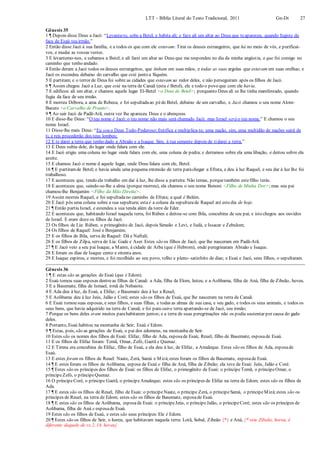 LTT – Bíblia Literal do Texto Tradicional, 2011 Gn-Dt 27
Gênesis 35
1 ¶ Depois disse Deus a Jacó: “Levanta-te, sobe a Betel, e habita ali; e faze ali um altar ao Deus que teapareceu, quando fugiste da
face de Esaú teu irmão.”
2 Então disse Jacó à sua família, e a todos os que com ele estavam: Tirai os deuses estrangeiros, que há no meio de vós, e purificai-
vos, e mudai as vossas vestes.
3 E levantemo-nos, e subamos a Betel; e ali farei um altar ao Deus que me respondeu no dia da minha angústia, e que foi comigo no
caminho que tenho andado.
4 Então deram a Jacó todos os deuses estrangeiros, que tinham em suas mãos, e todas as suas argolas que estavam em suas orelhas; e
Jacó os escondeu debaixo do carvalho que está junto a Siquém.
5 E partiram; e o terror de Deus foi sobre as cidades que estavam ao redor deles, e não perseguiram após os filhos de Jacó.
6 ¶ Assim chegou Jacó a Luz, que está na terra de Canaã (esta é Betel), ele e todo o povo que com ele havia.
7 E edificou ali um altar, e chamou aquele lugar El-Betel <o Deus de Betel>; porquanto Deus ali se lhe tinha manifestado, quando
fugia da face de seu irmão.
8 E morreu Débora, a ama de Rebeca, e foi sepultadaao péde Betel, debaixo de um carvalho, e Jacó chamou o seu nome Alom-
Bacute <o Carvalho de Pranto>.
9 ¶ Ao sair Jacó de Padã-Arã, outra vez lhe apareceu Deus e o abençoou.
10 E disse-lhe Deus: “O teu nome é Jacó; o teu nome não mais será chamado Jacó, mas Israel será o teu nome.” E chamou o seu
nome Israel.
11 Disse-lhe mais Deus: “Eu sou o Deus Todo-Poderoso;frutifica e multiplica-te; uma nação, sim, uma multidão de nações sairá de
ti, e reis procederão dos teus lombos;
12 E te darei a terra que tenho dado a Abraão e a Isaque. Sim, à tua semente depois de tidarei a terra.”
13 E Deus subiu dele, do lugar onde falara com ele.
14 E Jacó erigiu uma coluna no lugar onde falara com ele, uma coluna de pedra; e derramou sobre ela uma libação, e deitou sobre ela
azeite.
15 E chamou Jacó o nome d aquele lugar, onde Deus falara com ele, Betel.
16 ¶ E partiramde Betel; e havia ainda uma pequena extensão de terra parachegar a Efrata, e deu à luz Raquel, e seu dar à luz lhe foi
trabalhoso.
17 E aconteceu que, tendo ela trabalho em dar à luz, lhe disse a parteira: Não temas, porquetambém estefilho terás.
18 E aconteceu que, saindo-se-lhe a alma (porque morreu), ela chamou o seu nome Benoni <Filho de Minha Dor>;mas seu pai
chamou-lhe Benjamim <Filho da Mão Direita>.
19 Assim morreu Raquel, e foi sepultadano caminho de Efrata; a qual é Belém.
20 E Jacó pôs uma coluna sobre a sua sepultura; esta é a coluna da sepulturade Raquel até estedia de hoje.
21 ¶ Então partiu Israel, e estendeu a sua tenda além da torre de Eder.
22 E aconteceu que, habitando Israel naquela terra, foi Rúben e deitou-se com Bila, concubina de seu pai; e isto chegou aos ouvidos
de Israel. E eram doze os filhos de Jacó.
23 Os filhos de Lia: Rúben, o primogênito de Jacó, depois Simeão e Levi, e Judá, e Issacar e Zebulom;
24 Os filhos de Raquel: José e Benjamim;
25 E os filhos de Bila, serva de Raquel: Dã e Naftali;
26 E os filhos de Zilpa, serva de Lia: Gade e Aser. Estes são os filhos de Jacó, que lhe nasceram em Padã-Arã.
27 ¶ E Jacó veio a seu pai Isaque, a Manre, à cidade de Arba (que é Hebrom), onde peregrinaram Abraão e Isaque.
28 E foram os dias de Isaque cento e oitenta anos.
29 E Isaque expirou, e morreu, e foi recolhido ao seu povo, velho e pleno- satisfeito de dias; e Esaú e Jacó, seus filhos, o sepultaram.
Gênesis 36
1 ¶ E estas são as gerações de Esaú (que é Edom).
2 Esaú tomou suas esposas dentreas filhas de Canaã: a Ada, filha de Elom, heteu, e a Aolibama, filha de Aná, filha de Zibeão, heveu.
3 E a Basemate, filha de Ismael, irmã de Nebaiote.
4 E Ada deu á luz, de Esaú, a Elifaz; e Basemate deu à luz a Reuel;
5 E Aolibama deu à luz Jeús, Jalão e Coré; estes são os filhos de Esaú, que lhe nasceram na terra de Canaã.
6 E Esaú tomou suas esposas, e seus filhos, e suas filhas, e todas as almas de sua casa, e seu gado, e todos os seus animais, e todos os
seus bens, que havia adquirido na terra de Canaã; e foi para outra terra apartando-se de Jacó, seu irmão;
7 Porque os bens deles eram muitos parahabitarem juntos; e a terra de suas peregrinações não os podia sustentar por causa do gado
deles.
8 Portanto, Esaú habitou na montanha de Seir; Esaú é Edom.
9 ¶ Estas, pois, são as gerações de Esaú, o pai dos edomeus, na montanha de Seir.
10 Estes são os nomes dos filhos de Esaú: Elifaz, filho de Ada, esposade Esaú; Reuel, filho de Basemate, esposade Esaú.
11 E os filhos de Elifaz foram: Temã, Omar, Zefó, Gaetã e Quenaz.
12 E Timna era concubina de Elifaz, filho de Esaú, e ela deu à luz, de Elifaz, a Amaleque. Estes são os filhos de Ada, esposade
Esaú.
13 E estes foram os filhos de Reuel: Naate, Zerá, Samá e Mizá;estes foram os filhos de Basemate, esposade Esaú.
14 ¶ E estes foram os filhos de Aolibama, esposa de Esaú e filha de Aná, filha de Zibeão; ela teve de Esaú: Jeús, Jalão e Coré.
15 ¶ Estes são os príncipes dos filhos de Esaú: os filhos de Elifaz, o primogênito de Esaú: o príncipeTemã, o príncipeOmar, o
príncipeZefó, o príncipeQuenaz.
16 O príncipeCoré, o príncipe Gaetã, o príncipeAmaleque; estes são os príncipes de Elifaz na terra de Edom; estes são os filhos de
Ada.
17 ¶ E estes são os filhos de Reuel, filho de Esaú: o príncipeNaate, o príncipe Zerá, o príncipeSamá, o príncipeMizá;estes são os
príncipes de Reuel, na terra de Edom; estes são os filhos de Basemate, esposade Esaú.
18 ¶ E estes são os filhos de Aolibama, esposade Esaú: o príncipeJeús, o príncipeJalão, o príncipeCoré; estes são os príncipes de
Aolibama, filha de Aná e esposade Esaú.
19 Estes são os filhos de Esaú, e estes são seus príncipes:Ele é Edom.
20 ¶ Estes são os filhos de Seir, o horeu, que habitavam naquela terra: Lotã, Sobal, Zibeão {*} e Aná, {* este Zibeão, horeu, é
diferente daquele de vs.2, 14, heveu}
 