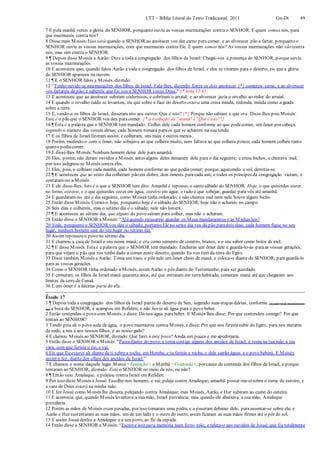 LTT – Bíblia Literal do Texto Tradicional, 2011 Gn-Dt 49
7 E pela manhã vereis a glória do SENHOR, porquanto ouviu as vossas murmurações contra o SENHOR. E quem somos nós, para
que murmureis contra nós?
8 Disse mais Moisés:Isso será quando o SENHOR ao anoitecer vos der carne para comer, e ao alvorecer pão a fartar, porquanto o
SENHOR ouviu as vossas murmurações, com que murmurais contra Ele. E quem somos nós? As vossas murmurações não são contra
nós, mas sim contra o SENHOR.
9 ¶ Depois disse Moisés a Aarão: Dize a toda a congregação dos filhos de Israel: Chegai-vos à presença do SENHOR, porque ouviu
as vossas murmurações.
10 E aconteceu que, quando falou Aarão a toda a congregação dos filhos de Israel, e eles se viraram para o deserto, eis que a glória
do SENHOR apareceu na nuvem.
11 ¶ E o SENHOR falou a Moisés, dizendo:
12 “Tenho ouvido as murmurações dos filhos de Israel. Fala-lhes, dizendo: Entre os dois anoitecer {*} comereis carne, e ao alvorecer
vos fartareis de pão; e sabereis que Eu sou o SENHOR vosso Deus.” {* nota 12:6}
13 E aconteceu que ao anoitecer subiram codornizes, e cobriram o arraial; e ao alvorecer jazia o orvalho ao redor do arraial.
14 E quando o orvalho caído se levantou, eis que sobre a face do deserto estava uma coisa miúda, redonda, miúda como a geada
sobre a terra.
15 E, vendo-a os filhos de Israel, disseram uns aos outros:Que é isto?{*} Porque não sabiam o que era. Disse-lhes pois Moisés:
Este é o pão que o SENHOR vos deu paracomer. {* a tradução de "maná" é"Queé isto?"}
16 ¶ Esta é a palavra que o SENHOR tem mandado: Colhei dele cada homem conforme ao que podecomer, um ômer por cabeça,
segundo o número das vossas almas; cada homem tomará paraos que se acharem na sua tenda.
17 E os filhos de Israel fizeram assim; e colheram, uns mais e outros menos.
18 Porém, medindo-o com o ômer, não sobejava ao que colhera muito, nem faltava ao que colhera pouco; cada homem colheu tanto
quanto podiacomer.
19 E disse-lhes Moisés:Nenhum homem deixe dele para amanhã.
20 Eles, porém, não deram ouvidos a Moisés, antes alguns deles deixaram dele para o dia seguinte; e criou bichos, e cheirava mal;
por isso indignou-se Moisés contra eles.
21 Eles, pois, o colhiam cada manhã, cada homem conforme ao que podia comer; porque, aquecendo o sol, derretia-se.
22 ¶ E aconteceu que ao sexto dia colheram pão em dobro, dois ômeres paracada um; e todos os príncipes da congregação vieram, e
contaram-no a Moisés.
23 E ele disse-lhes: Isto é o que o SENHOR tem dito: Amanhã é repouso, o santo sábado do SENHOR. Hoje, o que quiserdes cozer
no forno, cozei-o, e o que quiserdes cozer em água, cozei-o em água; e tudo o que sobejar, guardai para vós até amanhã.
24 E guardaram-no até o dia seguinte, como Moisés tinha ordenado; e não cheirou mal nem nele houve algum bicho.
25 Então disse Moisés:Comei-o hoje, porquanto hoje é o sábado do SENHOR; hoje não o achareis no campo.
26 Seis dias o colhereis, mas o sétimo dia é o sábado; nele não haverá.
27 ¶ E aconteceu ao sétimo dia, que alguns do povo saíram para colher, mas não o acharam.
28 Então disse o SENHOR a Moisés:“Atéquando recusareis guardar os Meus mandamentos e as Minhas leis?
29 Vede, porquanto o SENHOR vos deu o sábado, portanto Ele no sexto dia vos dá pão paradois dias; cada homem fique no seu
lugar, nenhum homem saia do seu lugar no sétimo dia.”
30 Assim repousou o povo no sétimo dia.
31 E chamou a casa de Israel o seu nome maná; e era como semente de coentro, branco, e o seu sabor como bolos de mel.
32 ¶ E disse Moisés:Esta é a palavra que o SENHOR tem mandado: Encherás um ômer dele e guardá-lo-ás paraas vossas gerações,
para que vejam o pão que vos tenho dado a comer neste deserto, quando Eu vos tirei da terra do Egito.
33 Disse também Moisés a Aarão: Toma um vaso, e põenele um ômer cheio de maná, e coloca-o diante do SENHOR, para guardá-lo
para as vossas gerações.
34 Como o SENHOR tinha ordenado a Moisés, assim Aarão o pôs diante do Testemunho, para ser guardado.
35 E comeram os filhos de Israel maná quarenta anos, até que entraram em terra habitada; comeram maná até que chegaram aos
limites da terra de Canaã.
36 E um ômer é a décima parte do efa.
Êxodo 17
1 ¶ Depois toda a congregação dos filhos de Israel partiu do deserto de Sim, segundo suas etapas diárias, conforme (a palavra de mandamento
de) a boca do SENHOR, e acampou em Refidim; e não havia ali água para o povo beber.
2 Então contendeu o povo com Moisés, e disse: Dá-nos água parabeber. E Moisés lhes disse: Por que contendeis comigo? Por que
tentais ao SENHOR?
3 Tendo pois ali o povo sede de água, o povo murmurou contra Moisés, e disse: Por que nos fizestesubir do Egito, para nos matares
de sede, a nós e aos nossos filhos, e ao nosso gado?
4 E clamou Moisés ao SENHOR, dizendo: Que farei a este povo?Ainda um pouco e me apedrejaria.
5 Então disse o SENHOR a Moisés:“Passadiante do povo, e toma contigo alguns dos anciãos de Israel; e toma na tua mão a tua
vara, com que feriste o rio, e vai.
6 Eis que Eu estarei ali diante de ti sobre a rocha, em Horebe, e tu ferirás a rocha, e dela sairão águas e o povo beberá. E Moisés
assim o fez, diante dos olhos dos anciãos de Israel.”
7 E chamou o nome daquele lugar Massá <Tentação> e Meribá <Contenda>, por causa da contenda dos filhos de Israel, e porque
tentaram ao SENHOR, dizendo: Está o SENHOR no meio de nós, ou não?
8 ¶ Então veio Amaleque, e pelejou contra Israel em Refidim.
9 Por isso disse Moisés a Josué: Escolhe-nos homens, e sai, peleja contra Amaleque; amanhã postar-me-eisobre o cume do outeiro, e
a vara de Deus estará na minha mão.
10 E fez Josué como Moisés lhe dissera, pelejando contra Amaleque; mas Moisés, Aarão, e Hur subiram ao cume do outeiro.
11 E acontecia que, quando Moisés levantava a sua mão, Israel prevalecia; mas quando ele abaixava a sua mão, Amaleque
prevalecia.
12 Porém as mãos de Moisés eram pesadas, por isso tomaram uma pedra, e a puseram debaixo dele, paraassentar-se sobre ela; e
Aarão e Hur sustentaram as suas mãos, um de um lado e o outro do outro; assim ficaram as suas mãos firmes até o pôr do sol.
13 E assim Josuédesfez a Amaleque e a seu povo, ao fio da espada.
14 Então disse o SENHOR a Moisés: “Escreve isto para memória num livro- rolo, e relata-o aos ouvidos de Josué; que Eu totalmente
 