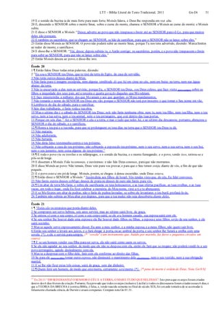 LTT – Bíblia Literal do Texto Tradicional, 2011 Gn-Dt 51
19 E o sonido da buzina ia de mais forte para mais forte; Moisés falava, e Deus lhe respondia em voz alta.
20 E, descendo o SENHOR sobre o monte Sinai, sobre o cume do monte, chamou o SENHOR a Moisés ao cume do monte; e Moisés
subiu.
21 E disse o SENHOR a Moisés:“Desce, adverte ao povo que não traspasse o limite até ao SENHOR paravê-Lo, para que muitos
deles não pereçam.
22 E também os sacerdotes, que se chegam ao SENHOR, se hão de santificar, para que o SENHOR não se lance sobre eles.”
23 Então disse Moisés ao SENHOR: O povo não poderá subir ao monte Sinai, porqueTu nos tens advertido, dizendo: Marcalimites
ao redor do monte, e santifica-o.
24 E disse-lhe o SENHOR: “Vai, desce; depois subirás tu, e Aarão contigo; os sacerdotes, porém, e o povo não traspassem o limite
para subir ao SENHOR, para que não se lance sobre eles.”
25 Então Moisés desceu ao povo, e disse-lhe isto.
Êxodo 20
1 ¶ Então falou Deus todas estas palavras, dizendo:
2 “Eu sou o SENHOR teu Deus, que te tirei da terra do Egito, da casa da servidão.
3 Não terás outros deuses diante de Mim.
4 Não farás para ti imagem esculpida, nem alguma similitude do que há em cima no céu, nem em baixo na terra, nem nas águas
abaixo da terra.
5 Não te encurvarás a elas nem as servirás; porqueEu, o SENHOR teu Deus, sou Deus zeloso, que faço visita (para castigar) sobre os
filhos a iniquidade dos seus pais, até a terceira e quarta geração daqueles que Meodeiam.
6 E faço misericórdia a milhares dos que Meamam e aos que guardam os Meus mandamentos.
7 Não tomarás o nome do SENHOR teu Deus em vão; porque o SENHOR não terá por inocente o que tomar o Seu nome em vão.
8 Lembra-te do dia do sábado, para o santificar.
9 Seis dias trabalharás, e farás todaa tuaobra.
10 Mas o sétimo dia é o sábado do SENHOR teu Deus; nele não farás nenhuma obra: nem tu, nem teu filho, nem tuafilha, nem o teu
servo, nem a tua serva, nem o teu animal, nem o teu estrangeiro, que está dentro das tuas portas.
11 Porque em seis dias 37
fez o SENHOR o céu e a terra, o mar e tudo que neles há, e ao sétimo dia descansou; portanto, abençoou o
SENHOR o dia do sábado, e o santificou.
12 ¶ Honra a teu pai e a tuamãe, para que se prolonguem os teus dias na terra que o SENHOR teu Deus te dá.
13 Não matarás.
14 Não adulterarás.
15 Não furtarás.
16 Não dirás falso testemunho contra o teu próximo.
17 Não cobiçarás a casa do teu próximo, não cobiçarás a esposado teu próximo, nem o seu servo, nem a sua serva, nem o seu boi,
nem o seu jumento, nem coisa alguma do teu próximo.”
18 ¶ E todo o povo viu os trovões e os relâmpagos, e o sonido da buzina, e o monte fumegando; e o povo, vendo isso, retirou-se e
pôs-sede longe.
19 E disseram a Moisés:Fala tu conosco, e ouviremos: e não fale Deus conosco, paraque não morramos.
20 E disse Moisés ao povo: Não temais, Deus veio para vos provar, e para que o Seu temor esteja diante de vós, a fim de que não
pequeis.
21 E o povo estava em péde longe. Moisés, porém, se chegou à densa escuridão, onde Deus estava.
22 ¶ Então disse o SENHOR a Moisés:“Assimdirás aos filhos de Israel: Vós tendes visto que, do céu, Eu falei convosco.
23 Não fareis outros deuses coMigo; deuses de prataou deuses de ouro não fareis para vós.
24 ¶ Um altar de terra Mefarás, e sobre ele sacrificarás os teus holocaustos, e as tuas ofertas pacíficas, as tuas ovelhas, e as tuas
vacas; em todo o lugar, onde Eu fizer celebrar a memória do Meu nome, virei a ti e te abençoarei.
25 E se Mefizeres um altar de pedras, não o farás de pedras lavradas; se sobre ele levantares o teu buril, profaná-lo-ás.
26 Também não subirás ao Meu altar por degraus, para que a tua nudez não seja descoberta diante deles.
Êxodo 21
1 ¶ “Estes são os estatutos que porás diante deles.
2 Se comprares um servo hebreu, seis anos servirá; mas ao sétimo sairá livre, de graça.
3 Se entrou só com o seu corpo, só com o seu corpo sairá; se ele era homem casado, sua esposasairá com ele.
4 Se seu senhor lhe houver dado uma esposae ela lhe houver dado filhos ou filhas, a esposae seus filhos serão de seu senhor, e ele
sairá sozinho.
5 Mas se aquele servo expressamente disser: Eu amo a meu senhor, e a minha esposa, e a meus filhos; não quero sair livre,
6 Então seu senhor o levará aos juízes, e o fará chegar à porta, ou ao umbral da porta, e seu senhor lhe furará a orelha com uma
sovela {*}; e ele o servirá parasempre. {* “sovela" éum instrumento que, batido por martelo, faz furos e pequenos círculos em
couro}
7 ¶ E se um homem vender sua filha paraser serva, ela não sairá como saem os servos.
8 Se ela não agradar ao seu senhor, de modo que ele não se desposecom ela, então ele fará que se resgate; não poderá vendê-la a um
povo estrangeiro, agindo deslealmente com ela.
9 Mas se a desposar com o filho dele, fará com ela conforme ao direito das filhas.
10 Se para ele (para seu filho) tomar outra esposa, não diminuirá o mantimento dela (da primeira), nem o seu vestido, nem a sua obrigação
marital.
11 E se lhe não fizer estas três coisas, sairá de graça, sem dar dinheiro.
12 ¶ Quem ferir um homem, de modo que estemorra, certamente será morto {*}. {* pena de morte é ordem de Deus. Nota Gn 9:6}
37
Ex 20:11“EM SEISDIASFEZ O SENHOR O CÉU E A TERRA, O MAR E TUDO QUENELESHÁ”: Isto provaque os anjos foramcriados
dentro dos 6 dias literais da criação.Portanto, ficaprovado que todos os anjos (inclusive Lúcifer) e todos os dinossauros foramcriados nesses 6 dias, e
que a TEORIA DA BRECHA é contraa Bíblia, é falsa, e, tendo nascido somente nofinal do século XIX,foi covarde tentativa de se acomodar à
falsamente chamada ciência,de Darwin e atuais comparsas. Compare nota Gn 01:31.
 