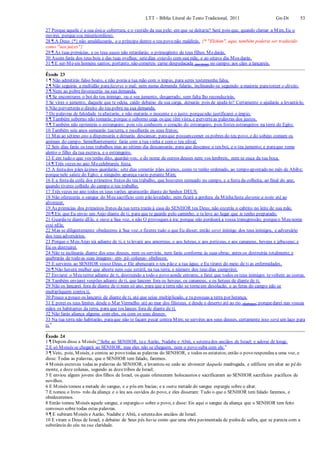 LTT – Bíblia Literal do Texto Tradicional, 2011 Gn-Dt 53
27 Porque aquela é a sua única cobertura, e o vestido da sua pele; em que se deitaria? Será pois que, quando clamar a Mim, Eu o
ouvirei, porque sou misericordioso.
28 ¶ A Deus {*} não amaldiçoarás, e o príncipe dentre o teu povo não maldirás. {* "Elohim", aqui, também poderia ser traduzido
como "aos juízes"}
29 ¶ As tuas primícias, e os teus sucos não retardarás; o primogênito de teus filhos Medarás.
30 Assim farás dos teus bois e das tuas ovelhas: setedias estarão com sua mãe, e ao oitavo dia Mos darás.
31 ¶ E ser-Me-eis homens santos; portanto, não comereis carne despedaçada (por feras) no campo; aos cães a lançareis.
Êxodo 23
1 ¶ Não admitirás falso boato, e não porás a tua mão com o ímpio, para seres testemunha falsa.
2 ¶ Não seguirás a multidão para fazeres o mal; nem numa demanda falarás, inclinando-se seguindo a maioria paratorcer o direito.
3 ¶ Nem ao pobrefavorecerás na sua demanda.
4 ¶ Se encontrares o boi do teu inimigo, ou o seu jumento, desgarrado, sem falta lho reconduzirás.
5 Se vires o jumento, daquele que te odeia, caído debaixo da sua carga, deixarás pois de ajudá-lo? Certamente o ajudarás a levantá-lo.
6 Não perverterás o direito do teu pobre na sua demanda.
7 De palavras de falsidade teafastarás, e não matarás o inocente e o justo; porquenão justificarei o ímpio.
8 ¶ Também suborno não tomarás; porque o suborno cega os que têm vista, e perverteas palavras dos justos.
9 ¶ Também não oprimirás o estrangeiro; pois vós conheceis o coração do estrangeiro, pois fostes estrangeiros na terra do Egito.
10 Também seis anos semearás tuaterra, e recolherás os seus frutos;
11 Mas ao sétimo ano a dispensarás e deixarás descansar, paraque possamcomer os pobres do teu povo, e do sobejo comam os
animais do campo. Semelhantemente farás com a tua vinha e com o teu olival.
12 Seis dias farás os teus trabalhos mas ao sétimo dia descansarás; para que descanse o teu boi, e o teu jumento; e paraque tome
alento o filho da tua escrava, e o estrangeiro.
13 E em tudo o que vos tenho dito, guardai-vos; e do nome de outros deuses nem vos lembreis, nem se ouça da tua boca.
14 ¶ Três vezes no ano Mecelebrareis festa.
15 A festados pães ázimos guardarás; sete dias comerás pães ázimos, como te tenho ordenado, ao tempo apontado no mês de Abibe;
porquenele saíste do Egito; e ninguém apareça vazio perante Mim;
16 E a festada ceifa dos primeiros frutos do teu trabalho, que houveres semeado no campo, e a festa da colheita, ao final do ano,
quando tiveres colhido do campo o teu trabalho.
17 Três vezes no ano todos os teus varões aparecerão diante do Senhor DEUS.
18 Não oferecerás o sangue do Meu sacrifício com pão levedado; nem ficará a gordura da Minhafesta durante a noite até ao
alvorecer.
19 As primícias dos primeiros frutos da tua terra trarás à casa do SENHOR teu Deus; não cozerás o cabrito no leite de sua mãe.
20 ¶ Eis que Eu envio um Anjo diante de ti, para que te guarde pelo caminho, e televe ao lugar que te tenho preparado.
21 Guarda-te diante dEle, e ouve a Sua voz, e não O provoques à ira; porque não perdoará a vossa transgressão; porqueo Meu nome
está nEle.
22 Mas se diligentemente obedeceres à Sua voz, e fizeres tudo o que Eu disser, então serei inimigo dos teus inimigos, e adversário
dos teus adversários.
23 Porque o Meu Anjo irá adiante de ti, e televará aos amorreus, e aos heteus, e aos perizeus, e aos cananeus, heveus e jebuseus; e
Eu os destruirei.
24 Não te inclinarás diante dos seus deuses, nem os servirás, nem farás conforme às suas obras; antes os destruirás totalmente, e
quebrarás de todo as suas imagens- em- pé- colunas- obeliscos.
25 E servireis ao SENHOR vosso Deus, e Ele abençoará o teu pão e a tua água; e Eu tirarei do meio de ti as enfermidades.
26 ¶ Não haverá mulher que aborte nem seja estéril, na tua terra; o número dos teus dias cumprirei.
27 Enviarei o Meu terror adiante de ti, destruindo a todo o povo aonde entrares, e farei que todos os teus inimigos tevoltem as costas.
28 Também enviarei vespões adiante de ti, que lancem fora os heveus, os cananeus, e os heteus de diante de ti.
29 Não os lançarei fora de diante de ti num só ano, para que a terra não se torneem desolação, e as feras do campo não se
multipliquem contra ti.
30 Pouco a pouco os lançarei de diante de ti, até que sejas multiplicado, e tu possuas a terra por herança.
31 E porei os teus limites desde o Mar Vermelho até ao mar dos filisteus, e desde o deserto até ao rio (Eufrates); porquedarei nas vossas
mãos os habitantes da terra, para que tos lances fora de diante de ti.
32 Não farás aliança alguma com eles, ou com os seus deuses.
33 Na tua terra não habitarão, paraque não te façam pecar contra Mim; se servires aos seus deuses, certamente isso será um laço para
ti.”
Êxodo 24
1 ¶ Depois disse a Moisés:”Sobe ao SENHOR, tu e Aarão, Nadabe e Abiú, e setentados anciãos de Israel; e adorai de longe.
2 E só Moisés se chegará ao SENHOR; mas eles não se cheguem, nem o povo suba com ele.”
3 ¶ Veio, pois, Moisés, e contou ao povo todas as palavras do SENHOR, e todos os estatutos;então o povo respondeu a uma voz, e
disse: Todas as palavras, que o SENHOR tem falado, faremos.
4 Moisés escreveu todas as palavras do SENHOR, e levantou-se cedo ao alvorecer daquela madrugada, e edificou um altar ao pédo
monte, e doze colunas, segundo as dozetribos de Israel;
5 E enviou alguns jovens dos filhos de Israel, os quais ofereceram holocaustos e sacrificaram ao SENHOR sacrifícios pacíficos de
novilhos.
6 E Moisés tomou a metade do sangue, e a pôs em bacias; e a outra metade do sangue espargiu sobre o altar.
7 E tomou o livro- rolo da aliança e o leu aos ouvidos do povo, e eles disseram: Tudo o que o SENHOR tem falado faremos, e
obedeceremos.
8 Então tomou Moisés aquele sangue, e espargiu-o sobre o povo, e disse: Eis aqui o sangue da aliança que o SENHOR tem feito
convosco sobre todas estas palavras.
9 ¶ E subiram Moisés e Aarão, Nadabe e Abiú, e setentados anciãos de Israel.
10 E viram o Deus de Israel, e debaixo de Seus pés havia como que uma obra pavimentada de pedrade safira, que se parecia com a
substância do céu na sua claridade.
 