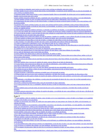 LTT – Bíblia Literal do Texto Tradicional, 2011 Gn-Dt 55
3 Cinco cortinas se enlaçarão uma à outra; e as outras cinco cortinas se enlaçarão uma com a outra.
4 E farás laçadas de pano azul na orla de uma cortina, na extremidade, e na juntura; assim também farás na orla da extremidade da
outra cortina, na segunda juntura.
5 Cinquenta laçadas farás numa cortina, e outras cinquenta laçadas farás na extremidade da cortina que está na segunda juntura; as
laçadas estarão presas uma com a outra.
6 Farás também cinquenta colchetes de ouro, e ajuntarás com estes colchetes as cortinas, uma com a outra, e será um tabernáculo.
7 ¶ Farás também cortinas de pêlos de cabras paraservirem de tenda sobre o tabernáculo; onze cortinas farás.
8 O comprimento de uma cortina será de trintacôvados, e a largura da mesma cortina de quatro côvados; estas onzecortinas serão
da mesma medida.
9 E juntarás cinco destas cortinas à parte, e as outras seis cortinas também à parte;e dobrarás a sexta cortina à frente da tenda.
10 E farás cinquenta laçadas na borda de uma cortina, na extremidade, na juntura, e outras cinquenta laçadas na borda da outra
cortina, na segunda juntura.
11 Farás também cinquenta colchetes de bronze, e colocarás os colchetes nas laçadas, e assim ajuntarás a tenda, paraque seja uma.
12 E o resto que sobejar das cortinas da tenda, a saber, a metade da cortina que sobejar, penderá de sobra às costas do tabernáculo.
13 E um côvado de um lado, e outro côvado do outro, que sobejará no comprimento das cortinas da tenda, penderá de sobra aos lados
do tabernáculo de um e de outro lado, para cobri-lo.
14 Farás também paraa tenda uma coberta de peles de carneiro, tingidas de vermelho, e outra coberta de peles de texugo em cima.
15 ¶ Farás também as tábuas parao tabernáculo de madeira de acácia, que serão postas verticalmente.
16 O comprimento de uma tábua será de dez côvados, e a largura de cada tábua será de um côvado e meio.
17 Dois encaixes terá cada tábua, travados um com o outro; assim farás com todas as tábuas do tabernáculo.
18 E farás as tábuas para o tabernáculo assim: vinte tábuas no lado do sul, voltadas parao sul.
19 Farás também quarenta bases de pratadebaixo das vinte tábuas; duas bases debaixo de uma tábua para os seus dois encaixes e
duas bases debaixo de outra tábua para os seus dois encaixes.
20 Também haverá vinte tábuas ao outro lado do tabernáculo, para o lado norte,
21 Com as suas quarenta bases de prata;duas bases debaixo de uma tábua, e duas bases debaixo de outratábua,
22 E ao lado do tabernáculo para o oeste farás seis tábuas.
23 Farás também duas tábuas para os cantos do tabernáculo, de ambos os lados.
24 E por baixo se ajuntarão, e também em cima dele se ajuntarão numa argola. Assim se fará com as duas tábuas; ambas serão por
tábuas para os dois cantos.
25 Assim serão as oito tábuas com as suas bases de prata, dezesseis bases; duas bases debaixo de uma tábua, e duas bases debaixo da
outra tábua.
26 ¶ Farás também cinco travessas de madeira de acácia, paraas tábuas de um lado do tabernáculo,
27 E cinco barras transversais para as tábuas do outro lado do tabernáculo; como também cinco barras transversais para as tábuas do
outro lado do tabernáculo, de ambos os lados, parao oeste.
28 E a barra transversal central estará no meio das tábuas, passando de uma extremidade até à outra.
29 E cobrirás de ouro as tábuas, e farás de ouro as suas argolas, para passar por elas as barras transversais; também as barras
transversais as cobrirás de ouro.
30 Então levantarás o tabernáculo conforme ao modelo que te foi mostrado no monte.
31 ¶ Depois farás um véu de pano azul, e púrpura, e carmesim, e de linho fino torcido; com querubins de obra prima se fará.
32 E suspendê-lo-ás sobre quatro colunas de madeira de acácia, cobertas de ouro; seus colchetes serão de ouro, sobre quatro bases de
prata.
33 ¶ Pendurarás o véu debaixo dos colchetes, e porás a arca do testemunho ali dentro do véu; e este véu vos fará separação entre o
santuário e o lugar santíssimo,
34 E porás a coberta do propiciatório sobre a arca do testemunho no lugar santíssimo,
35 E a mesa porás fora do véu, e o candelabro defronte da mesa, ao lado do tabernáculo, para o sul; mas a mesa porás ao lado do
norte.
36 Farás também paraa portada tenda, um reposteiro de pano azul, e púrpura, ecarmesim, e de linho fino torcido, de obra de
bordador.
37 E farás paraeste reposteiro cinco colunas de madeira de acácia, e os cobrirás de ouro; seus colchetes serão de ouro, e far-lhe-ás de
fundição cinco bases de bronze.
Êxodo 27
1 ¶ Farás também o altar de madeira de acácia; cinco côvados será o seu comprimento, e cinco côvados a sua largura (será quadrado
o altar), e três côvados será a sua altura.
2 E farás as suas pontas- em- forma- de- chifre nos seus quatro cantos; as suas pontas- em- forma- de- chifre serão do mesmo, e o
cobrirás de bronze.
3 Far-lhe-ás também os seus recipientes, pararecolher a sua cinza, e as suas pás, e as suas bacias, e os seus ganchos- de- pendurar-
carne, e os seus braseiros ; todos os seus utensílios farás de bronze.
4 Far-lhe-ás também um crivo de bronzeem forma de rede, e farás a estarede quatro argolas de bronzenos seus quatro cantos.
5 E as porás dentro da borda do altar para baixo, de maneira que a rede chegue até ao meio do altar.
6 Farás também varais para o altar, varais de madeira de acácia, e os cobrirás de bronze.
7 E os varais serão postos nas argolas, de maneira que os varais estejam de ambos os lados do altar, quando for levado.
8 Oco e de tábuas o farás; como se temostrou no monte, assim o farão.
9 ¶ Farás também o pátio do tabernáculo, ao lado do sul, voltada para o sul; o pátio terá cortinas de linho fino torcido; o
comprimento de cada lado será de cem côvados.
10 Também as suas vinte colunas e as suas vinte bases serão de bronze; os colchetes das colunas e as suas molduras- decorativas
serão de prata.
11 Assim também para o lado norteas cortinas, no comprimento, serão de cem côvados; e as suas vinte colunas e as suas vinte bases
serão de bronze; os colchetes das colunas e as suas molduras- decorativas serão de prata,
12 ¶ E na largura do pátio para o lado do oeste haverá cortinas de cinquenta côvados; as suas colunas serão dez, e as suas bases serão
dez.
13 Semelhantemente a largura do pátio do lado leste, voltado para o leste, será de cinquenta côvados.
 