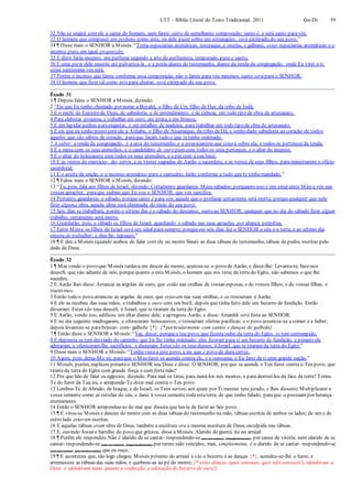 LTT – Bíblia Literal do Texto Tradicional, 2011 Gn-Dt 59
32 Não se ungirá com ele a carne do homem, nem fareis outro de semelhante composição; santo é, e será santo paravós.
33 O homem que compuser um perfume como este, ou dele puser sobre um estrangeiro, será extirpado do seu povo.”
34 ¶ Disse mais o SENHOR a Moisés:“Toma especiarias aromáticas, estoraque, e onicha, e galbano; estas especiarias aromáticas e o
incenso puro, em igual proporção;
35 E disto farás incenso, um perfume segundo a arte do perfumista, temperado, puro e santo;
36 E uma parte dele moerás até pulverizá-la , e a porás diante do testemunho, diante da tenda da congregação, onde Eu virei a ti;
coisa santíssima vos será.
37 Porém o incenso que fareis conforme essa composição, não o fareis para vós mesmos; santo será para o SENHOR.
38 O homem que fizer tal como estepara cheirar, será extirpado do seu povo.
Êxodo 31
1 ¶ Depois falou o SENHOR a Moisés, dizendo:
2 “Eis que Eu tenho chamado por nome a Bezalel, o filho de Uri, filho de Hur, da tribo de Judá,
3 E o enchi do Espírito de Deus, de sabedoria, e de entendimento, e de ciência, em todo tipo de obra de artesanato,
4 Para elaborar projetos, e trabalhar em ouro, em prata, e em bronze,
5 E em lapidar pedras paraengastar, e em entalhes de madeira, para trabalhar em todo tipo de obra de artesanato.
6 E eis que eu tenho posto com ele a Aoliabe, o filho de Aisamaque, da tribo de Dã, e tenho dado sabedoria ao coração de todos
aqueles que são sábios de coração, paraque façam tudo o que tetenho ordenado.
7 A saber: a tenda da congregação, e a arca do testemunho, e o propiciatório que estará sobre ela, e todos os pertences da tenda;
8 E a mesa com os seus utensílios, e o candelabro de ouro puro com todos os seus pertences, e o altar do incenso;
9 E o altar do holocausto com todos os seus utensílios, e a pia com a sua base;
10 E as vestes do exercício- do- servir, e as vestes sagradas de Aarão o sacerdote, e as vestes de seus filhos, para ministrarem o ofício
sacerdotal;
11 E o azeite da unção, e o incenso aromático para o santuário; farão conforme a tudo que te tenho mandado.”
12 ¶ Falou mais o SENHOR a Moisés, dizendo:
13 “Tu, pois, fala aos filhos de Israel, dizendo: Certamente guardareis Meus sábados; porquanto isso é um sinal entre Mim e vós nas
vossas gerações; paraque saibais que Eu sou o SENHOR, que vos santifica.
14 Portanto, guardareis o sábado, porquesanto é para vós; aquele que o profanar certamente será morto; porquequalquer que nele
fizer alguma obra, aquela alma será eliminada do meio do seu povo.
15 Seis dias se trabalhará, porém o sétimo dia é o sábado do descanso, santo ao SENHOR; qualquer que no dia do sábado fizer algum
trabalho, certamente será morto.
16 Guardarão, pois, o sábado os filhos de Israel, guardando o sábado nas suas gerações por aliança perpétua.
17 Entre Mime os filhos de Israel será um sinal para sempre; porque em seis dias fez o SENHOR o céu e a terra, e ao sétimo dia
cessou de trabalhar, e deu-Se- repouso.”
18 ¶ E deu a Moisés (quando acabou de falar com ele no monte Sinai) as duas tábuas do testemunho, tábuas de pedra, escritas pelo
dedo de Deus.
Êxodo 32
1 ¶ Mas vendo o povo que Moisés tardava em descer do monte, acercou-se o povo de Aarão, e disse-lhe: Levanta-te, faze-nos
deuseS, que vão adiante de nós; porquequanto a esteMoisés, o homem que nos tirou da terra do Egito, não sabemos o que lhe
sucedeu.
2 E Aarão lhes disse: Arrancai as argolas de ouro, que estão nas orelhas de vossas esposas, e de vossos filhos, e de vossas filhas, e
trazei-mos.
3 Então todo o povo arrancou as argolas de ouro, que estavam nas suas orelhas, e as trouxeram a Aarão.
4 E ele as recebeu das suas mãos, e trabalhou o ouro com um buril, depois que tinha feito dele um bezerro de fundição. Então
disseram: Estes são teus deuseS, ó Israel, que te tiraram da terra do Egito.
5 E Aarão, vendo isto, edificou um altar diante dele; e apregoou Aarão, e disse: Amanhã será festa ao SENHOR.
6 E no dia seguinte madrugaram, e ofereceram holocaustos, e trouxeram ofertas pacíficas; e o povo assentou-se a comer e a beber;
depois levantou-se parabrincar- com- galhofa {*}. {* particularmente com cantos e danças de galhofa}
7 ¶ Então disse o SENHOR a Moisés:“Vai, desce; porqueo teu povo, que fizestesubir da terra do Egito, se tem corrompido,
8 E depressa se tem desviado do caminho que Eu lhe tinha ordenado; eles fizeram para si um bezerro de fundição, e peranteele
adoraram, e ofereceram-lhe sacrifícios, e disseram: Estes são os teus deuses, ó Israel, que te tiraram da terra do Egito.”
9 Disse mais o SENHOR a Moisés:“Tenho visto a este povo, e eis que é povo de dura cerviz.
10 Agora, pois, deixa-Me só, paraque o Meu furor se acenda contra ele, e o consuma; e Eu farei de ti uma grande nação.”
11 Moisés, porém, suplicou peranteo SENHOR seu Deus e disse: Ó SENHOR, por que se acende o Teu furor contra o Teu povo, que
tirasteda terra do Egito com grande força e com fortemão?
12 Por que hão de falar os egípcios, dizendo: Para mal os tirou, para matá-los nos montes, e para destruí-los da face da terra? Torna-
Te do furor da Tua ira, e arrepende-Te deste mal contra o Teu povo.
13 Lembra-Te de Abraão, de Isaque, e de Israel, os Teus servos, aos quais por Ti mesmo tens jurado, e lhes disseste:Multiplicarei a
vossa semente como as estrelas do céu, e darei à vossa semente toda estaterra, de que tenho falado, paraque a possuampor herança
eternamente.
14 Então o SENHOR arrependeu-se do mal que dissera que havia de fazer ao Seu povo.
15 ¶ E virou-se Moisés e desceu do monte com as duas tábuas do testemunho na mão, tábuas escritas de ambos os lados; de um e de
outro lado estavam escritas.
16 E aquelas tábuas eram obra de Deus; também a escritura era a mesma escritura de Deus, esculpida nas tábuas.
17 E, ouvindo Josuéo barulho do povo que gritava, disse a Moisés:Alarido de guerra há no arraial.
18 ¶ Porém ele respondeu:Não é alarido de se cantar- respondendo-se(uns aos outros) (triunfantemente), por causa de vitória; nem alarido de se
cantar- respondendo-se (uns aos outros) (angustiadamente) por terem sido vencidos; mas, simplesmente, é o alarido de se cantar- respondendo-se
(uns aos outros) (por motivo outro) que eu ouço.
19 ¶ E aconteceu que, tão logo chegou Moisés próximo do arraial e viu o bezerro e as danças {*}, acendeu-se-lhe o furor, e
arremessou as tábuas das suas mãos, e quebrou-as ao pé do monte; {* estas danças (quer sensuais, quer não sensuais!), ofenderam a
Deus, o ofenderam tanto quanto a confecção e adoração do bezerro de ouro!}
 