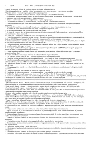 62 Gn-Dt LTT – Bíblia Literal do Texto Tradicional, 2011
7 E peles de carneiros, tingidas de vermelho, e peles de texugos, madeira de acácia,
8 E azeite para a luminária, e matérias- primas- aromatizantes parao azeite da unção, e parao incenso aromático.
9 E pedras de ônix, e pedras de engaste, para o éfode e para o peitoral.
10 E venham todos os sábios de coração entre vós, e façam tudo o que o SENHOR tem mandado;
11 O tabernáculo, a sua tenda e a sua coberta, os seus colchetes e as suas tábuas, as suas barras, as suas colunas, e as suas bases;
12 A arca e os seus varais, o propiciatório e o véu do reposteiro,
13 A mesa e os seus varais, e todos os seus pertences; e os pães da proposição,
14 E o candelabro da luminária, e os seus utensílios, e as suas lâmpadas, e o azeite paraa luminária,
15 E o altar do incenso e os seus varais, e o azeite da unção, e o incenso aromático, e o reposteiro da portapara a entrada do
tabernáculo,
16 O altar do holocausto, e o seu crivo de bronze, os seus varais, e todos os seus pertences, a pia e a sua base,
17 As cortinas do pátio, as suas colunas e as suas bases, e o reposteiro da portado pátio,
18 As estacas do tabernáculo, e as estacas do pátio, e as suas cordas,
19 As vestes do exercício- do- servir para ministrar no santuário, as vestes santas de Aarão o sacerdote, e as vestes de seus filhos,
para ministrarem o ofício sacerdotal.
20 ¶ Então toda a congregação dos filhos de Israel saiu da presença de Moisés,
21 E veio todo o homem, a quem o seu coração moveu, e todo aquele cujo espírito voluntariamente o excitou, e trouxeram a oferta
alçada ao SENHOR para a obra da tenda da congregação, e para todo o Seu serviço, e para as vestes santas.
22 Assim vieram homens e mulheres, todos dispostos decoração; trouxeram fivelas, e argolas, e anéis, e braceletes, todos os objetos
de ouro; e todo o homem oferecia uma oferta de ouro ao SENHOR;
23 E todo o homem que se achou com pano azul, e púrpura, ecarmesim, e linho fino, e pêlos de cabras, e peles de carneiro tingidas
de vermelho, e peles de texugos, os trazia;
24 Todo aquele que fazia oferta alçada de prataou de bronze, a traziapor oferta alçada ao SENHOR; e todo aquele que possuía
madeira de acácia, a trazia paratoda a obra do serviço.
25 E todas as mulheres sábias de coração fiavam com as suas mãos, e traziam o que tinham fiado, o pano azul e a púrpura, o
carmesim e o linho fino.
26 E todas as mulheres, cujo coração as moveu em sabedoria fiavam os pêlos das cabras.
27 E os príncipes traziam pedras de ônix e pedras de engastes parao éfode e para o peitoral,
28 E matérias- primas- aromatizantes, e azeite paraa luminária, e para o azeite da unção, e para o incenso aromático.
29 Todo homem e mulher, cujo coração voluntariamente se moveu a trazer alguma coisa paratodo tipo de obra que o SENHOR
ordenara se fizesse pela mão de Moisés;assim os filhos de Israel trouxeram por oferta voluntária ao SENHOR.
30 ¶ Depois disse Moisés aos filhos de Israel: Eis que o SENHOR tem chamado por nome a Bezalel, filho de Uri, filho de Hur, da
tribo de Judá.
31 E Ele (o SENHOR) o tem enchido com o Espírito de Deus, em sabedoria, em entendimento, em ciência, e em todo tipo de obra de
artesanato,
32 E para criar invenções, para trabalhar em ouro, e em prata, e em bronze,
33 E em lapidar de pedras para engastar, e em entalhar madeira, e para trabalhar em todo tipo de obra esmerada.
34 Também lhe dispôs o coração para ensinar a outros; a ele e a Aoliabe, o filho de Aisamaque, da tribo de Dã.
35 Encheu-os de sabedoria do coração, para fazer todo o tipo de obra de mestre, até a mais engenhosa, e a do gravador, em pano azul,
e em púrpura, em carmesim, e em linho fino, e do tecelão; fazendo toda a obra, e criando invenções.
Êxodo 36
1 ¶ Assim trabalharam Bezalel e Aoliabe, e todo o homem sábio de coração, a quem o SENHOR dera sabedoria e inteligência, para
saber como haviam de fazer todaa obra para o serviço do santuário, conforme a tudo o que o SENHOR tinha ordenado.
2 Então Moisés chamou a Bezalel e a Aoliabe, e a todo o homem sábio de coração, em cujo coração o SENHOR tinha dado
sabedoria; a todo aquele a quem o seu coração moveu a se chegar à obra para fazê-la.
3 Estes receberam de Moisés todaa oferta alçada, que trouxeram os filhos de Israel paraa obra do serviço do santuário, para fazê-la,
e ainda eles lhe traziam cada manhã ofertas voluntárias.
4 E vieram todos os sábios, que faziam toda a obra do santuário, cada homem (veio) da obra que fazia,
5 ¶ E falaram a Moisés, dizendo: O povo traz muito mais do que bastapara o serviço da obra que o SENHOR ordenou se fizesse.
6 Então mandou Moisés e eles fizeram proclamar por todo o arraial, dizendo: Nenhum homem, nem mulher, faça mais obra alguma
para a oferta alçada do santuário. Assimo povo foi proibido de trazer mais,
7 Porque o material que tinham era bastantepara toda a obra que havia de fazer-se, e ainda sobejava.
8 ¶ Assim todos os sábios de coração, entreos que faziam a obra, fizeram o tabernáculo de dez cortinas de linho fino torcido, e de
pano azul, e de pano púrpura, ede pano carmesim, com querubins; da obra mais esmerada as fez.
9 O comprimento de cada cortina era de vinte e oito côvados, e a largura de quatro côvados; todas as cortinas tinham uma mesma
medida.
10 E ligou as cinco cortinas uma com a outra; e as outras cinco cortinas também ligou uma com a outra.
11 Depois, fez laçadas de fio azul na borda da última cortina do primeiro agrupamento; assim também fez na borda da primeira
cortina do segundo agrupamento.
12 Cinquenta laçadas fez numa cortina, e cinquenta laçadas fez numa extremidade da cortina, que se ligava com a segunda; estas
laçadas eram contrapostas uma a outra.
13 Também fez cinquenta colchetes de ouro, e com estes colchetes uniu as cortinas uma com a outra; e assim foi feito um
tabernáculo.
14 ¶ Fez também cortinas de pêlos de cabras para a tenda sobre o tabernáculo; fez onze cortinas.
15 O comprimento de uma cortina era de trinta côvados, e a largura de uma cortina era de quatro côvados; estas onze cortinas tinham
uma mesma medida.
16 E uniu cinco cortinas à parte, e outras seis à parte,
17 E fez cinquenta laçadas na borda mais exterior da última cortina, na juntura; também fez cinquenta laçadas na borda da cortina, na
outra juntura.
18 Fez também cinquenta colchetes de bronze, para ajuntar a tenda, paraque fosseum todo.
19 Fez também, para a tenda, uma coberta de peles de carneiros, tingidas de vermelho; e por cima uma coberta de peles de texugos.
 