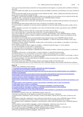 LTT – Bíblia Literal do Texto Tradicional, 2011 Gn-Dt 65
18 E as outras duas pontas das duas cadeiazinhas de trança puseramnos dois engastes; e as puseram sobre as ombreiras do éfode na
frente dele.
19 Fizeram também duas argolas de ouro, que puseram nas duas extremidades do peitoral, na sua borda que estava junto ao éfode por
dentro.
20 Fizeram mais duas argolas de ouro, que puseram nas duas ombreiras do éfode, - abaixo, voltadas paraa frente dele, perto da sua
juntura, acima do cinto de obra esmerada do éfode.
21 E ligaram o peitoral pelas suas argolas às argolas do éfode com um cordão de fio azul, paraque estivesse acima do cinto de obra
esmerada do éfode, e o peitoral não se separasse do éfode, como o SENHOR ordenara a Moisés.
22 ¶ E ele fez o manto do éfode de obra tecida, todo de fio azul.
23 E a abertura do manto estava no meio dele, como abertura de cota de malha; esta abertura tinha uma borda em volta, paraque se
não rompesse.
24 E nas bordas do manto fizeram romãs de pano azul, e de púrpura, e de carmesim, de fio torcido.
25 Fizeram também as campainhas de ouro puro, pondo as campainhas no meio das romãs nas bordas do manto, ao redor, entre as
romãs;
26 Uma campainha e uma romã, outra campainha e outra romã, nas bordas do manto ao redor: para ministrar, como o SENHOR
ordenara a Moisés.
27 ¶ Fizeram também as túnicas de linho fino, de obra tecida, para Aarão e para seus filhos.
28 E a mitra de linho fino, e o ornato das tiaras de linho fino, e as calças compridas de linho fino torcido,
29 E o cinto de linho fino torcido, e de fio azul, e púrpura, e carmesim, obra de bordador, como o SENHOR ordenara a Moisés.
30 ¶ Fizeram também, de ouro puro, a lâmina- pétalada coroa de santidade, e nela escreveram o escrito como de gravura de selo:
SANTIDADEAO SENHOR.
31 E ataram-na com um cordão de fio azul, para prendê-la à partesuperior da mitra, como o SENHOR ordenara a Moisés.
32 ¶ Assim se acabou toda a obra do tabernáculo da tenda da congregação; e os filhos de Israel fizeram conforme a tudo o que o
SENHOR ordenara a Moisés;assim o fizeram.
33 ¶ Depois trouxeram a Moisés o tabernáculo, a tenda e todos os seus pertences; os seus colchetes, as suas tábuas, os seus varais, e
as suas colunas, e as suas bases;
34 E a cobertura de peles de carneiro tingidas de vermelho, e a cobertura de peles de texugos, e o véu de cobertura;
35 A arca do testemunho, e os seus varais, e o propiciatório;
36 A mesa com todos os seus pertences, e os pães da proposição;
37 O candelabro puro com suas lâmpadas, as lâmpadas para serem colocadas em ordem, e todos os seus pertences, e o azeite paraa
luminária;
38 Também o altar de ouro, e o azeite da unção, e o incenso aromático, e o reposteiro da portada tenda;
39 O altar de bronze, e o seu crivo de bronze, os seus varais, e todos os seus pertences, a pia, e a sua base;
40 As cortinas do pátio, as suas colunas, e as suas bases, e o reposteiro da portado pátio, as suas cordas, e os seus pregos, e todos os
utensílios do serviço do tabernáculo, paraa tenda da congregação;
41 As vestes do exercício- do- servir para ministrar no santuário; as santas vestes para Aarão, o sacerdote, e as vestes dos seus filhos,
para ministrarem o ofício sacerdotal.
42 Conforme a tudo o que o SENHOR ordenara a Moisés, assim fizeram os filhos de Israel todaa obra.
43 Viu, pois, Moisés todaa obra, e eis que a tinham feito; como o SENHOR ordenara, assim a fizeram; então Moisés os abençoou.
Êxodo 40
1 ¶ Falou mais o SENHOR a Moisés, dizendo:
2 “No primeiro dia do primeiro mês, levantarás o tabernáculo da tenda da congregação,
3 E porás nele a arca do testemunho, e cobrirás a arca com o véu.
4 Depois colocarás nele a mesa, e porás em ordem o que se deve pôr em ordem sobre ela; também colocarás nele o candelabro, e
acenderás as suas lâmpadas.
5 E porás o altar de ouro para o incenso diante da arca do testemunho; então pendurarás o reposteiro da portado tabernáculo.
6 Porás também o altar do holocausto diante da portado tabernáculo da tenda da congregação.
7 E porás a piaentre a tenda da congregação e o altar, e nela porás água.
8 Depois porás o pátio ao redor, e pendurarás o reposteiro à portado pátio.
9 Então tomarás o azeite da unção, e ungirás o tabernáculo, e tudo o que há nele; e o santificarás com todos os seus pertences, e será
santo.
10 Ungirás também o altar do holocausto, e todos os seus utensílios; e santificarás o altar; e o altar será santíssimo.
11 Então ungirás a piae a sua base, e a santificarás.
12 Farás também chegar a Aarão e a seus filhos à portada tenda da congregação; e os lavarás com água.
13 E vestirás a Aarão as vestes santas, e o ungirás, e o santificarás, para que Meministre o ofício sacerdotal.
14 Também farás chegar a seus filhos, e lhes vestirás as túnicas,
15 E os ungirás como ungiste a seu pai, paraque Meministrem o ofício sacerdotal, e a sua unção lhes será por sacerdócio perpétuo
nas suas gerações.
16 E Moisés fez conforme a tudo o que o SENHOR lhe ordenou, assim o fez.
17 ¶ Assim, no primeiro mês, no ano segundo, ao primeiro dia do mês foi levantado o tabernáculo.
18 Moisés levantou o tabernáculo, e pôs as suas bases, e armou as suas tábuas, e colocou nele os seus varais, e levantou as suas
colunas;
19 E estendeu a tenda sobre o tabernáculo, e pôs a cobertura da tenda sobre ela, em cima, como o SENHOR ordenara a Moisés.
20 ¶ Tomou o testemunho, e pô-lo na arca, e colocou os varais na arca; e pôs o propiciatório sobre a arca, em cima.
21 E introduziu a arca no tabernáculo, e pendurou o véu da cobertura, e cobriu a arca do testemunho, como o SENHOR ordenara a
Moisés.
22 ¶ Pôs também a mesa na tenda da congregação, ao lado do tabernáculo, voltado parao norte, fora do véu,
23 E sobre ela pôs em ordem o pão peranteo SENHOR, como o SENHOR ordenara a Moisés.
24 ¶ Pôs também na tenda da congregação o candelabro defronte da mesa, ao lado do tabernáculo, voltado para o sul,
25 E acendeu as lâmpadas peranteo SENHOR, como o SENHOR ordenara a Moisés.
26 ¶ E pôs o altar de ouro na tenda da congregação, diante do véu,
 