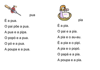 pua
É a pua.
O pai põe a pua.
A pua e a pipa.
O popó e a pua.
O pó e a pua.
A poupa e a pua.
pia
É a pia.
O pai e a pia.
A pia e o au-au.
É a pia e o pipi.
A pia e o popó.
O papá e a pia.
A poupa e a pia.
 