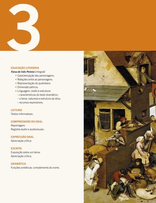 3
EDUCAÇÃO LITERÁRIA
Farsa de Inês Pereira (integral)
t Caracterização das personagens.
t Relações entre as personagens.
t Representação do quotidiano.
t Dimensão satírica.
t Linguagem, estilo e estrutura:
– características do texto dramático;
– a farsa: natureza e estrutura da obra;
– recursos expressivos.
LEITURA
Textos informativos.
COMPREENSÃO DO ORAL
Reportagem.
Registos áudio e audiovisuais.
EXPRESSÃO ORAL
Apreciação crítica.
ESCRITA
Exposição sobre um tema.
Apreciação crítica.
GRAMÁTICA
Funções sintáticas: complemento do nome.
 