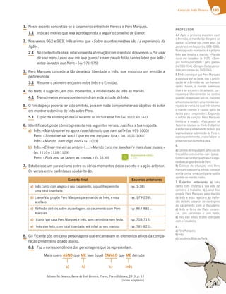 145
Farsa de Inês Pereira
1. Neste excerto concretiza-se o casamento entre Inês Pereira e Pero Marques.
1.1 Indica o motivo que leva a protagonista a seguir o conselho de Lianor.
2. Nos versos 962 e 963, Inês afirma que «Sobre quantos mestres são / a experiência dá
lição».
2.1 No contexto da obra, relaciona esta afirmação com o sentido dos versos: «Por usar
de siso mero / asno que me leve quero / e nam cavalo folão / antes lebre que leão /
antes lavrador que Nero.» (vv. 971-975)
3. Pero Marques concede a tão desejada liberdade a Inês, que encontra um ermitão a
pedir esmola.
3.1 Resume o primeiro encontro entre Inês e o Ermitão.
4. No texto, é sugerida, em dois momentos, a infidelidade de Inês ao marido.
4.1 Transcreve os versos que demonstram esta atitude de Inês.
5. O fim da peça poderia ter sido omitido, pois em nada comprometeria o objetivo do autor
em mostrar o domínio de Inês sobre Pero.
5.1 Explicita a intenção de Gil Vicente ao incluir esse fim (vv. 1112 a 1144).
6. Identifica o tipo de cómico presente nos seguintes versos. Justifica a tua resposta.
a) Inês: «Marido sairei eu agora / que há muito que nam saí?» (vv. 999-1000)
Pero: «Si molher saí vos i / que eu me irei para fora.» (vv. 1001-1002)
Inês: «Marido, nam digo isso.» (v. 1003)
b) Inês: «E levar-me-eis ao ombro» […]«Marido cuco me levades / e mais duas lousas.»
(vv. 1110 e 1128-1129)
Pero: «Pois assi se fazem as cousas.» (v. 1130)
7. Estabelece um paralelismo entre os vários momentos deste excerto e a ação anterior.
Os versos entre parênteses ajudar-te-ão.
Excerto final Excertos anteriores
a) Inês canta com alegria o seu casamento, o qual lhe permite
uma total liberdade.
(vv. 1-38).
b) Lianor Vaz propõe Pero Marques para marido de Inês, e esta
aceita-o.
(vv. 179-239).
c) Reflexão de Inês sobre as vantagens do casamento com Pero
Marques.
(vv. 864-881).
d) Lianor Vaz casa Pero Marques e Inês, sem cerimónia nem festa. (vv. 703-713)
e) Inês vive feliz, com total liberdade, e é infiel ao seu marido. (vv. 781-825).
8. Gil Vicente pôs em cena personagens que encarnavam os elementos ativos da compa-
ração presente no ditado abaixo.
8.1 Faz a correspondência das personagens que os representam.
Albano M. Soares, Farsa de Inês Pereira, Porto, Porto Editora, 2011, p. 13
(texto adaptado)
PROFESSOR
4.1 Após o primeiro encontro com
o Ermitão, o marido diz-lhe para se
ajeitar: «Corregê vós esses véus / e
ponde-vosemfeição»(vv.1098-1099).
Num segundo momento, é a própria
Inês que insulta o marido: «Marido
cuco me levades» (v. 1127); «Sem-
pre fostes percebido / pera gamo»
(vv.1133-1134);«Semprefostesperce-
bidoperacervo»(vv.1140-1141).
5.1 Inês consegue que Pero Marques
a conduza até ao local, sob a justiﬁ-
cação de o Ermitão ser um homem
santo. Assim, o marido submisso
leva-a ao encontro do amante, car-
regando-a literalmente às costas
quando atravessam um rio. Durante
atravessia,cantamumamúsicacar-
regada de ironia, na qual Inês chama
o marido «cervo» e «cuco» (gíria da
época para «enganado»). Seguindo
o refrão da canção, Pero Marques
limita-se a repetir: «Pois assim se
fazem as cousas» (v. 1144). O objetivo
é enfatizar a inﬁdelidade de Inês e a
ingenuidade e submissão de Pero e,
consequentemente, materializar o
provérbioquedámoteàobra.
6.
a) Cómico de linguagem, pelo uso do
trocadilhocomoverbo«sair»(casa).
Cómicodecaráter,quetraduzainge-
nuidade,aignorânciadePero.
b) Cómico de situação, pois Pero
Marques transporta Inês às costas e
aceita cantar uma cantiga na qual o
apelidademaridotraído.
7. Excertos anteriores: a) Inês
canta com tristeza a sua vida de
cativeiro e trabalho; b) Lianor Vaz
propõe Pero Marques para marido
de Inês e esta rejeita-o; c) Reﬂe-
xão de Inês sobre as desvantagens
do casamento com o Escudeiro;
d) Inês e Brás da Mata casam-
-se, com cerimónia e com festa;
e) Inês vive infeliz e sem liberdade
comoEscudeiro.
8.
a)PeroMarques;
b)Inês;
c)Escudeiro,BrásdaMata.
Mais quero ASNO que ME leve (que) CAVALO que ME derrube
a) b) c) Inês
Os processos de cómico
p. 125
FI
 