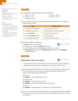 146 Unidade 3 // GIL VICENTE
GRAMÁTICA
1. Transpõe para o português atual os seguintes vocábulos:
a) «prenhe» (v. 944);
b) «asinha» (v. 951);
c) «empacho» (v. 979);
d) «folgar» (v. 1009);
e) «vades» (v. 1057).
2. Faz a correspondência entre as formas verbais destacadas e o tempo e modo verbais,
representados na tabela.
Frase Tempo e modo
a) «Andar. Pero Marques seja.» 1. Futuro do modo conjuntivo
b) «Ora dai-me essa mão cá.» 2. Pretérito imperfeito do modo indicativo
c) «I onde quiserdes ir.» 3. Futuro do modo indicativo
d) «e quando aprendia a lavrar» 4. Modo imperativo
e) «que eu irei um dia destes» 5. Presente do modo conjuntivo
3. Classifica os advérbios destacados.
a) Onde foi Inês e Pero Marques?
b) Inês casou-se com Pero, contudo não lhe foi fiel.
c) O marido levou-a até à ermida onde se encontrou com o amante.
d) Primeiramente pô-la às costas, seguidamente atravessaram o rio e finalmente
chegaram à ermida.
ESCRITA
Exposição sobre um tema
1. Num texto expositivo, de cento e vinte a cento e cinquenta palavras, reflete sobre as
críticas presentes nesta obra e sobre os ensinamentos que daí poderão resultar.
Segue a planificação a seguir apresentada:
Introdução:
1.º parágrafo – breve apresentação do tema.
Desenvolvimento:
2.º parágrafo – críticas presentes na obra;
3.º parágrafo – ensinamentos decorrentes dessas críticas.
Conclusão:
5.º parágrafo – apresentação do teu ponto de vista, fundamentando-o.
2. No final, faz a revisão do teu texto, verificando a construção das frases, a utilização
correta dos conectores e a clareza do discurso. Se necessário, faz as correções de modo
a aperfeiçoá-lo.
A Farsa de Inês Pereira, de Gil Vicente, tece uma crítica aos costumes da época,
pretendendo transmitir ideias moralizadoras ao seu público através do riso.
Advérbio e locução adverbial
p. 321
SIGA
Exposição sobre um tema
p. 311
SIGA
PROFESSOR
Gramática
1.a) grávida; b) depressa; c)atrapa-
lhado;d) divertir;e)ides.
2.a)5;b)4;c)1;d)2;e)3.
3. a) interrogativo; b) conectivo;
c)relativo;d)conectivo.
Escrita
Sugestõesderesposta:
“%yA 67H7?AE E7D ;@GEFAE  B3D3
com os outros por opções erradas
(Inês maltratou Pero Marques por-
que escolheu mal ao casar-se com
oEscudeiro);
“%yA 67H7?AE 83L7D 3AE AGFDAE A
quenãogostamosquenosfaçam;
“%yA67H7?AE67E73D?3;E6ACG7
aquiloquenosédado…
 