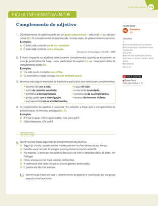 199
Ficha informativa
Complemento do adjetivo
1. O complemento do adjetivo pode ser um grupo preposicional – oracional (a) ou não ora-
cional (b). Os complementos do adjetivo são, muitas vezes, de preenchimento opcional.
Exemplos:
a) O João está contente por te ter convidado.
b) O João está contente com a situação.
Dicionário Terminológico, DGIDC, 2008
2. É mais frequente os adjetivos selecionarem complementos quando se encontram na
posição predicativa da frase, como predicativo do sujeito (c), ou como predicativo do
complemento direto (d):
Exemplos:
c) Ele está muito contente com a filha.
d) Eu considero o rapaz incapaz de uma maldade assim.
3. Vejamos mais alguns exemplos de adjetivos e particípios que selecionam complementos:
taborrecido com a mãe; tcapaz de tudo;
tcerto do caminho escolhido; tconsciente da verdade;
tcontrário à decisão tomada; tconvencido da sua importância;
tpreocupado com a investigação; treceoso de tremores de terra.
tsurpreendido com os acontecimentos;
4. O complemento do adjetivo é opcional. No entanto, a frase sem o complemento do
adjetivo seria, no mínimo, ambígua (e), (f):
Exemplos:
e) A Rute é capaz. (Tem capacidades, mas para quê?)
f) Estão desejosos. (De quê?)
CONSOLIDA
1. Identifica nas frases seguintes os complementos do adjetivo.
a) Segundo consta, o poeta estava interessado em muitas damas do seu tempo.
b) Camões vivia cercado de amigos que o ajudaram economicamente.
c) No entanto, o príncipe dos poetas desiludiu-se com o desprezo dado às artes, em
Portugal.
d) Estou ansiosa por ler mais poemas de Camões.
e) A professora está certa de que os alunos gostam deste poeta.
f) O poema era fácil de analisar.
1.1 Identifica as frases em que o complemento do adjetivo é constituído por um grupo
preposicional oracional.
FICHA INFORMATIVA N.O
9
PROFESSOR
Gramática
18.1.
MC
Consolida
1.
a)emmuitasdamasdoseutempo;
b) de amigos que o ajudaram econo-
micamente;
c)àsartes;
d)porlermaispoemasdeCamões;
e) de que os alunos gostam deste
poeta;
f)deanalisar.
1.1b;d;e;f.
PowerPoint
Ficha informativa n.o
9
 