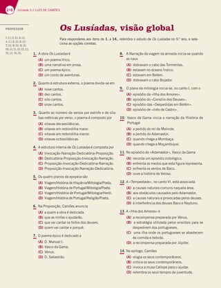 216 Unidade 5 // LUÍS DE CAMÕES
Os Lusíadas, visão global
Para responderes aos itens de 1. a 14., relembra o estudo de Os Lusíadas no 9.º ano, e sele-
ciona as opções corretas.
8. A Narração da viagem da armada inicia-se quando
as naus
(A) dobravam o cabo das Tormentas.
(B) estavam no oceano Índico.
(C) estavam em Belém.
(D) dobravam o cabo Bojador.
9. O plano da mitologia inicia-se, no canto I, com o
(A) episódio da «Ilha dos Amores».
(B) episódio do «Consílio dos Deuses».
(C) episódio das «Despedidas em Belém».
(D) episódio de «Inês de Castro».
10. Vasco da Gama inicia a narração da História de
Portugal
(A) a pedido do rei de Melinde.
(B) a pedido do Adamastor.
(C) quando chega a Mombaça.
(D) quando chega a Moçambique.
11. No episódio do «Adamastor», Vasco da Gama
(A) recorda um episódio mitológico.
(B) enfrenta os medos que esta figura representa.
(C) enfrenta os ventos de Baco.
(D) ouve a história de Veloso.
12. A «Tempestade», no canto VI, está associada
(A) a causas naturais comuns naquela área.
(B) aos obstáculos causados pelo Adamastor.
(C) a causas naturais e provocadas pelos deuses.
(D) à interferência dos deuses Baco e Neptuno.
13. A «Ilha dos Amores» é
(A) a recompensa preparada por Vénus.
(B) a estratégia utilizada pelos orientais para se
despedirem dos portugueses.
(C) uma ilha onde os portugueses se abastecem
de comida e bebida.
(D) a recompensa preparada por Júpiter.
14. No epílogo, Camões
(A) elogia os seus contemporâneos.
(B) critica os seus contemporâneos.
(C) invoca a musa Calíope para o ajudar.
(D) relembra os seus tempos de juventude.
1. A obra Os Lusíadas é
(A) um poema lírico.
(B) uma narrativa em prosa.
(C) um poema épico.
(D) um conto de aventuras.
2. Quanto à estrutura externa, o poema divide-se em
(A) nove cantos.
(B) dez cantos.
(C) oito cantos.
(D) onze cantos.
3. Quanto ao número de versos por estrofe e de síla-
bas métricas por verso, o poema é composto por
(A) oitavas decassilábicas.
(B) oitavas em redondilha maior.
(C) oitavas em redondilha menor.
(D) oitavas octossilábicas.
4. A estrutura interna de Os Lusíadas é composta por
(A) Invocação-Narração-Dedicatória-Proposição.
(B) Dedicatória-Proposição-Invocação-Narração.
(C) Proposição-Invocação-Dedicatória-Narração.
(D) Proposição-Invocação-Narração-Dedicatória.
5. Os quatro planos da epopeia são
(A) Viagem/História de Hispânia/Mitologia/Poeta.
(B) Viagem/História de Portugal/Mitologia/Poeta.
(C) Viagem/História de Portugal/Mitologia/Herói.
(D) Viagem/História de Portugal/Religião/Poeta.
6. Na Proposição, Camões anuncia
(A) a quem a obra é dedicada.
(B) que as ninfas o ajudarão.
(C) que vai cantar os feitos dos deuses.
(D) quem vai cantar e porquê.
7. O poema épico é dedicado a
(A) D. Manuel I.
(B) Vasco da Gama.
(C) Vénus.
(D) D. Sebastião.
PROFESSOR
1.(C);2.(B);3.(A);
4.(C);5.(B);6.(D);
7.(D); 8.(B); 9.(B);
10.(A);11.(B);12.(D);
13.(A); 14.(B).
 