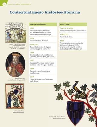 24 Unidade 1 // POESIA TROVADORESCA
Contextualização histórico-literária
Datas e acontecimentos
1143
Tratado de Zamora: Afonso VII
de Castela reconhece D. Afonso
Henriques como rei de Portugal.
1214
Testamento de D. Afonso II.
1249-1250
Conquista definitiva do Algarve
aos mouros, por D. Afonso III.
1290
Criação do Estudo Geral (Studium
Generale), Universidade, em Lisboa.
1297
Tratado de Alcanizes: estabelece as
fronteiras entre Portugal e Castela.
1309
Transferência do Estudo Geral
para Coimbra.
1312
Fundação da Marinha Portuguesa
por D. Dinis.
Textos e obras
Finais do século XII
Florescimento da poesia trovadoresca.
1280-1325
Poesia de D. Dinis.
1361
Primeira tradução para português
do foral de Lisboa de 1179,
originalmente redigido em latim,
elaborada pelo tabelião Lopo Gil.
Retrato de D. Dinis
da série Reis de Portugal, 1736.
Trovador e jogral, iluminura do
Cancioneiro da Ajuda,
finais do século XIII-princípios
do século XIV (pormenor).
Iluminura do Codex
Manesse, século XIV.
Iluminura do Codex Manesse,
século XIV (pormenor).
guesa
Iluminura do Codex Manesse,
século XIV (pormenor).
 