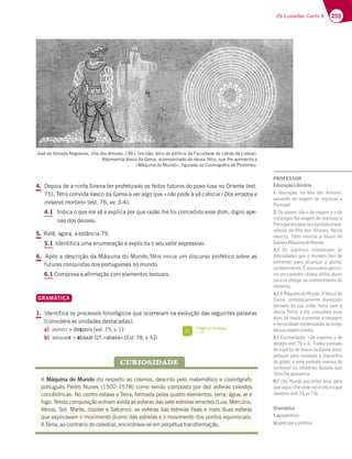 255
Os Lusíadas: Canto X
4. Depois de a ninfa Sirena ter profetizado os feitos futuros do povo luso no Oriente (est.
75), Tétis convida Vasco da Gama a ver algo que «não pode a vã ciência / Dos errados e
míseros mortais» (est. 76, vv. 3-4).
4.1 Indica o que ele vê e explica por que razão lhe foi concedido esse dom, digno ape-
nas dos deuses.
5. Relê, agora, a estância 79.
5.1 Identifica uma enumeração e explicita o seu valor expressivo.
6. Após a descrição da Máquina do Mundo,Tétis inicia um discurso profético sobre as
futuras conquistas dos portugueses no mundo.
6.1 Comprova a afirmação com elementos textuais.
GRAMÁTICA
1. Identifica os processos fonológicos que ocorreram na evolução das seguintes palavras
(considera as unidades destacadas):
a) DEPOST  despois (est. 75, v. 1)
b) BASSIARE  abaxar (cf.«abaxa» [Est. 78, v. 6])
José de Almada Negreiros, Ilha dos Amores, 1961 (incisão, átrio do edifício da Faculdade de Letras de Lisboa).
Representa Vasco da Gama, acompanhado da deusa Tétis, que lhe apresenta a
«Máquina do Mundo», figurada na Cosmografia de Ptolomeu.
A Máquina do Mundo diz respeito ao cosmos, descrito pelo matemático e cosmógrafo
português Pedro Nunes (1502-1578) como sendo composto por dez esferas celestes
concêntricas. No centro estava a Terra, formada pelos quatro elementos: terra, água, ar e
fogo. Nesta composição entram ainda as esferas das sete estrelas errantes (Lua, Mercúrio,
Vénus, Sol, Marte, Júpiter e Saturno), as esferas das estrelas fixas e mais duas esferas
que explicavam o movimento diurno das estrelas e o movimento dos pontos equinociais.
A Terra, ao contrário do celestial, encontrava-se em perpétua transformação.
CURIOSIDADE
Fonética e fonologia
p. 38
FI
PROFESSOR
EducaçãoLiterária
1. Narração, na Ilha dos Amores,
aquando da viagem de regresso a
Portugal.
2. Os planos são o da viagem e o da
mitologia. Na viagem de regresso a
Portugalencaixa-seoepisódiomara-
vilhoso da Ilha dos Amores. Neste
excerto, Tétis mostra a Vasco da
3?33$tCG;@36A$G@6A
3.1 Os adjetivos simbolizam as
diﬁculdades que o Homem tem de
7@8D7@F3D B3D3 353@{3D 3 9†D;3
conhecimento. É necessário percor-
rerumcaminho«árduo,difícil,duro»
para se chegar ao conhecimento do
Universo.
4.1 i$tCG;@36A$G@6A i-3E5A63
Gama, simbolicamente divinizado
(através da sua união física com a
deusa Tétis), é-lhe concedido esse
dom, de modo a premiar a coragem
e heroicidade evidenciadas ao longo
dasuaviagemàÍndia.
5.1 @G?7D3{yA¤De espanto e de
desejo¥7EF H +D36GLA7EF36A
677EB€D;FA67-3E5A633?37EFG-
pefação pela novidade e maravilha
do globo; e uma vontade imensa de
conhecer os mistérios daquilo que
Tétislheapresenta.
6.1 «A$G@6A3AEA:AEF7GEB7D3
CG7H73E 'ADA@67HtE7;DtE7ACG7
desejas¥7EF HH  
Gramática
1.a)epêntese;
b)apócopeeprótese.
 