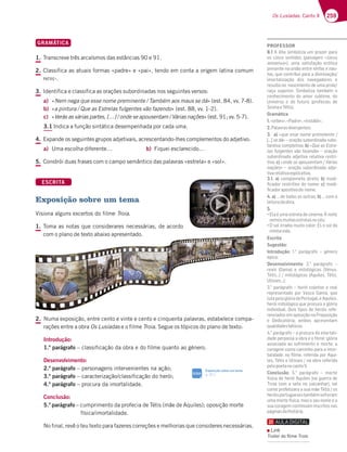 259
Os Lusíadas: Canto X
GRAMÁTICA
1. Transcreve três arcaísmos das estâncias 90 e 91.
2. Classifica as atuais formas «padre» e «pai», tendo em conta a origem latina comum
PATRE-.
3. Identifica e classifica as orações subordinadas nos seguintes versos:
a) «Nem nega que esse nome preminente / Também aos maus se dá» (est. 84, vv. 7-8).
b) «a pintura / Que as Estrelas fulgentes vão fazendo» (est. 88, vv. 1-2).
c) «Verás as várias partes, […] / onde se apousentam / Várias nações» (est. 91; vv. 5-7).
3.1 Indica a função sintática desempenhada por cada uma.
4. Expande os seguintes grupos adjetivais, acrescentando-lhes complementos do adjetivo.
a) Uma escolha diferente… b) Fiquei esclarecido…
5. Constrói duas frases com o campo semântico das palavras «estrela» e «sol».
ESCRITA
Exposição sobre um tema
Visiona alguns excertos do filme Troia.
1. Toma as notas que considerares necessárias, de acordo
com o plano de texto abaixo apresentado.
2. Numa exposição, entre cento e vinte e cento e cinquenta palavras, estabelece compa-
rações entre a obra Os Lusíadas e o filme Troia. Segue os tópicos do plano de texto:
Introdução:
1.º parágrafo – classificação da obra e do filme quanto ao género.
Desenvolvimento:
2.º parágrafo – personagens intervenientes na ação;
3.º parágrafo – caracterização/classificação do herói;
4.º parágrafo – procura da imortalidade.
Conclusão:
5.º parágrafo – cumprimento da profecia de Tétis (mãe de Aquiles); oposição morte
física/imortalidade.
No final, revê o teu texto para fazeres correções e melhorias que consideres necessárias.
Exposição sobre um tema
p. 311
SIGA
PROFESSOR
8.1 A ilha simboliza um prazer para
os cinco sentidos (paisagem «locus
amoenus»), uma satisfação erótica
presente na união entre ninfas e nau-
F3ECG75A@FD;4G;B3D336;H;@;L3{yA
imortalização dos navegadores e
D7EGF3@A@3E5;?7@FA67G?3BDA7
raça superior. Simboliza também o
conhecimento do amor sublime, do
Universo e do futuro (profecias de
SirenaeTétis).
Gramática
1.«orbes»,«Padre»,«instábil».
2.Palavrasdivergentes.
3. a) «CG77EE7@A?7BD7?;@7@F7 
_¦ase dá» – oração subordinada subs-
tantiva completiva; b) «Que as Estre-
las fulgentes vão fazendo» – oração
subordinada adjetiva relativa restri-
tiva; c) «A@67E73BAGE7@F3? -tD;3E
nações» – oração subordinada adje-
tivarelativaexplicativa.
3.1. a) complemeto direto; b) modi-
ﬁcador restritivo do nome; c) modi-
ﬁcadorapositivodo nome.
4. a)¦67FA63E3EAGFD3Eb)¦5A?3
leituradaobra.
5.
“3|G?37EFD73675;@7?3§@A;F7
vemosmuitasestrelasnocéu;
“EA;DD36;3?G;FA53ADoEAEA63
minhavida.
Escrita
Sugestão:
Introdução o
parágrafo – género
épico;
Desenvolvimento  o
parágrafo –
reais (Gama) e mitológicas (Vénus,
+|F;E¦ ?;FA†9;53EiCG;7E+|F;E
,;EE7E¦
 o
parágrafo – herói coletivo e real
representado por Vasco Gama, que
lutapelaglóriadePortugal,eAquiles,
herói mitológico que procura a glória
individual. Dois tipos de heróis refe-
renciados em oposição na Proposição
e Dedicatória; ambos apresentam
qualidadesbélicas;
 o
parágrafo – a procura da imortali-
6367B7DB3EE33A4D37A¹?79†D;3
associada ao sofrimento e morte; a
coragem como caminho para a imor-
talidade; no ﬁlme, referida por Aqui-
7E+|F;E7,;EE7E @3A4D3D787D;63
pelopoetanocantoV.
Conclusão  o
parágrafo – morte
física do herói Aquiles (na guerra de
Troia com a seta no calcanhar), tal
5A?ABDA87F;L3D33EG3?y7+|F;E AE
heróisportuguesestambémsofreram
uma morte física, mas o seu nome e a
sua coragem continuam inscritos nas
páginasdaHistória.
Link
Trailer do ﬁlme Troia
 