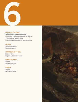 6
EDUCAÇÃO LITERÁRIA
História Trágico-Marítima (excertos)
t$BQÓUVMP7jTUFSSÓWFJTBWFOUVSBTEF+PSHFEF
MCVRVFSRVF$PFMIP  x
tWFOUVSBTFEFTWFOUVSBTEPT%FTDPCSJNFOUPT
LEITURA
5FYUPTJOGPSNBUJWPT
3FMBUPEFWJBHFN
COMPREENSÃO DO ORAL
%PDVNFOUÈSJP
3FHJTUPTÈVEJPFBVEJPWJTVBJT
EXPRESSÃO ORAL
4ÓOUFTF
QSFTFOUBÎÍPPSBM
ESCRITA
4ÓOUFTF
QSFDJBÎÍPDSÓUJDB
 