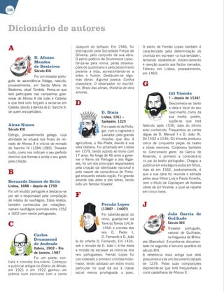 336
A
D. Afonso
Mendes
de Besteiros
Século XIII
Foi um trovador portu-
guês de ascendência fidalga, nascido,
provavelmente, em Santa Maria de
Besteiros, atual Tondela. Pensa-se que
terá participado nas campanhas guer-
reiras de Afonso X (de Leão e Castela)
e que terá sido forçado a exilar-se em
Castela, devido à derrota de D. Sancho II,
de quem era partidário.
Airas Nunes
Século XIII
Clérigo, provavelmente galego, cuja
atividade se situará nos finais do rei-
nado de Afonso X e inícios do reinado
de Sancho IV (1284-1289). Trovador
culto, como nos indicam o seu perfeito
domínio das formas e ainda o seu gosto
pela citação.
B
Bernardo Gomes de Brito
Lisboa, 1688 – depois de 1759
Foi um erudito português e destacou-se
por ser o responsável pela compilação
de relatos de naufrágios. Estes relatos,
também conhecidos por «relações»,
narram naufrágios ocorridos entre 1552
e 1602 com navios portugueses.
C
Carlos
Drummond
de Andrade
Itabira, 1902 – Rio
de Janeiro, 1987
Foi um poeta, con-
tista e cronista bra-sileiro. Começou
a publicar artigos no Diário de Minas,
em 1921 e em 1922 ganhou um
prémio num concurso com o conto
Joaquim do telhado. Em 1946, foi
distinguido pela Sociedade Felipe de
Oliveira, pelo conjunto da sua obra.
O estilo poético de Drummond carac-
teriza-se pela ironia, pelas observa-
ções do quotidiano e pelo pessimismo
perante a vida, acrescentando-se a
estes o humor. Destacam-se algu-
mas obras: Alguma poesia; Contos
plausíveis; O observador no escritó-
rio; Brejo das almas; História de dois
amores.
D
D. Dinis
Lisboa, 1261 –
Santarém, 1325
Foi o sexto rei de Portu-
gal, com o cognome o
Lavrador, pelo grande
impulso que deu à
agricultura, e Rei-Poeta, devido à sua
obra literária. Foi aclamado em Lisboa
em 1279, tendo subido ao trono com
17 anos. Ao longo de 46 anos a gover-
nar o Reino de Portugal e dos Algar-
ves, foi um dos principais responsáveis
pela criação da identidade nacional e
pelo nascer da consciência de Portu-
gal enquanto estado-nação. Foi grande
amante das artes e das letras, tendo
sido um famoso trovador.
F
Fernão Lopes
(1380? – 1460?)
Foi tabelião-geral do
reino, guarda-mor da
Torre do Tombo (1418-
-1454) e cronista dos
reis D. Pedro I,
D. Fernando e D. João
Ie do infante D. Fernando. Em 1434,
sob o reinado de D. João I, é-lhe dada
a missão de escrever as crónicas dos
reis portugueses. Fernão Lopes foi
con-siderado o primeiro cronista-histo-
riador, tendo adotado um estilo muito
particular no qual dá voz à classe
social menos privilegiada: o povo.
O estilo de Fernão Lopes também é
caracterizado pela determinação do
cronista em escrever «a nua verdade»,
tentando estabelecer distanciamento
e isenção quanto aos factos narrados.
Faleceu em Lisboa, provavelmente,
em 1460.
G
Gil Vicente
? – depois de 1536?
Desconhece-se tanto
a data e local do seu
nascimento como da
sua morte; porém,
supõe-se que terá
falecido após 1536, data do último
auto conhecido. Frequentou as cortes
régias de D. Manuel I e D. João III.
De 1502 a 1536, Gil Vicente produziu
cerca de cinquenta peças de teatro
e obras menores. Colaborou também
no Cancioneiro geral, de Garcia de
Resende, o primeiro a considerá-lo
«o pai do teatro português». Chegou a
publicar em vida alguns autos em fólios,
mas só em 1562, postumamente, é
que a sua obra foi reunida e editada
pelos seus filhos Luís e Paula Vicente,
com o título de Copilaçam de todalas
obras de Gil Vicente, a qual se reparte
em cinco livros.
J
João Garcia de
Guilhade
Século XIII
Trovador português,
natural de Guilhade,
na freguesia de Milha-
zes (Barcelos). Encontra-se documen-
tado no segundo e terceiro quartéis do
século XIII.
A referência mais antiga que dele
possuímos é a de um documento datado
de 1239. Pelas suas composições
depreende-se que terá frequentado a
corte castelhana de Afonso X.
Dicionário de autores
 