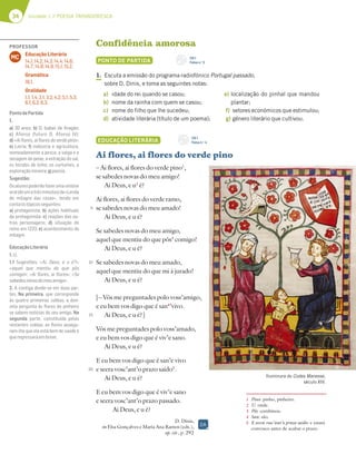 34 Unidade 1 // POESIA TROVADORESCA
34
Confidência amorosa
PONTO DE PARTIDA
1. Escuta a emissão do programa radiofónico Portugal passado,
sobre D. Dinis, e toma as seguintes notas:
a) idade do rei quando se casou;
b) nome da rainha com quem se casou;
c) nome do filho que lhe sucedeu;
d) atividade literária (título de um poema);
e) localização do pinhal que mandou
plantar;
f) setores económicos que estimulou;
g) género literário que cultivou.
EDUCAÇÃO LITERÁRIA
Ai flores, ai flores do verde pino
1 Pino: pinho, pinheiro.
2 U: onde.
3 Pôs: combinou.
4 San: são.
5 E seera vosc’ant’o prazo saído: e estará
convosco antes de acabar o prazo.
– Ai flores, ai flores do verde pino1
,
se sabedes novas do meu amigo!
Ai Deus, e u2
é?
Ai flores, ai flores do verde ramo,
se sabedes novas do meu amado!
Ai Deus, e u é?
Se sabedes novas do meu amigo,
aquel que mentiu do que pôs3
comigo!
Ai Deus, e u é?
Se sabedes novas do meu amado,
aquel que mentiu do que mi á jurado!
Ai Deus, e u é?
[– Vós me preguntades polo voss’amigo,
e eu bem vos digo que é san4
’vivo.
Ai Deus, e u é?]
Vós me preguntades polo voss’amado,
e eu bem vos digo que é viv’e sano.
Ai Deus, e u é?
E eu bem vos digo que é san’e vivo
e seera vosc’ant’o prazo saído5
.
Ai Deus, e u é?
E eu bem vos digo que é viv’e sano
e seera vosc’ant’o prazo passado.
Ai Deus, e u é?
5
10
15
20
D. Dinis,
in Elsa Gonçalves e Maria Ana Ramos (eds.),
op. cit., p. 292
Iluminura do Codex Manesse,
século XIV.
CD 1
Faixa n.o
3
CD 1
Faixa n.o
4
DA
PROFESSOR
Educação Literária
14.1; 14.2; 14.3; 14.4; 14.6;
14.7; 14.8; 14.9; 15.1; 15.2.
Gramática
18.1.
Oralidade
1.1; 1.4; 2.1; 3.2; 4.2; 5.1; 5.3;
6.1; 6.2; 6.3.
MC
PontodePartida
1.
a) 20 anos; b) D. Isabel de Aragão;
c) Afonso (futuro D. Afonso IV);
d) «Ai ﬂores, ai ﬂores do verde pino»;
e) Leiria; f) indústria e agricultura,
nomeadamente a pesca, a salga e a
secagem do peixe, a extração do sal,
os tecidos de linho, os curtumes, a
exploraçãomineira;g)poesia.
Sugestão:
Osalunospoderãofazerumasíntese
oral(deumatrêsminutos)da«Lenda
do milagre das rosas», tendo em
contaostópicosseguintes:
a) protagonista; b) ações habituais
da protagonista; c) reações das ou-
tras personagens; d) situação do
reino em 1233; e) acontecimento do
milagre.
EducaçãoLiterária
1.c).
1.1 Sugestões: «Ai, Deus, e u é?»;
«aquel que mentiu do que pôs
comigo!»; «Ai ﬂores, ai ﬂores»; «Se
sabedesnovasdomeuamigo».
2. A cantiga divide-se em duas par-
tes. Na primeira, que corresponde
às quatro primeiras coblas, a don-
zela pergunta às ﬂores do pinheiro
se sabem notícias do seu amigo. Na
segunda parte, constituída pelas
restantes coblas, as ﬂores assegu-
ram-lhe que ele está bem de saúde e
queregressaráembreve.
 