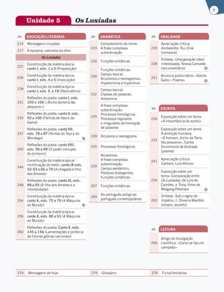 5
pp. EDUCAÇÃO LITERÁRIA
214 Mensagens cruzadas
217 A epopeia: natureza da obra
Os Lusíadas
222
Constituição da matéria épica:
canto I, ests. 1 a 3 (Proposição)
226
Constituição da matéria épica:
canto I, ests. 4 e 5 (Invocação)
228
Constituição da matéria épica:
canto I, ests. 6 a 18 (Dedicatória)
231
Reflexões do poeta: canto I, ests.
105 e 106 («Bicho da terra tão
pequeno»)
233
Reflexões do poeta: canto V, ests.
92 a 100 (Partida de Vasco da
Gama)
237
Reflexões do poeta: canto VII,
ests. 78 a 87 (Ninfas do Tejo e do
Mondego)
240
Reflexões do poeta: canto VIII,
ests. 96 a 99 (O poder corrupto
do dinheiro)
244
Constituição da matéria épica/
/mitificação do herói: canto IX ests.
52-53 e 66 a 70 (A chegada à Ilha
dos Amores)
248
Reflexões do poeta: canto IX, ests.
88 a 95 (A Ilha dos Amores e a
imortalidade)
254
Constituição da matéria épica:
canto X, ests. 75 a 79 (A Máquina
do Mundo)
256
Constituição da matéria épica:
canto X, ests. 80 a 91 (A Máquina
do Mundo)
260
Reflexões do poeta: Canto X, ests.
145 a 156 (Lamentações e profecia
de futuras glórias nacionais)
pp. GRAMÁTICA
223
Complemento do nome.
A frase complexa:
subordinação
226 Funções sintáticas
230
Funções sintáticas.
Campo lexical.
Arcaísmos e neologismos.
Hiperonímia e hiponímia
232
Campo lexical.
Classes de palavras.
Antonímia
235
A frase complexa:
subordinação.
Processos fonológicos.
Processos regulares
e irregulares de formação
de palavras
239 Arcaísmo e neologismo
255 Processos fonológicos
259
Arcaísmos.
A frase complexa:
subordinação.
Campo semântico.
Palavras divergentes.
Funções sintáticas
267 Funções sintáticas
269
Do português antigo ao
português contemporâneo
pp. ORALIDADE
235
Apreciação crítica:
Anibaleitor, Rui Zink
(romance)
238
Síntese: Uma geração (des)
interessada, Teresa Camarão
(documentário)
251
Anúncio publicitário: «Azeite
Gallo – Poema»
pp. ESCRITA
230
Exposição sobre um tema:
«A importância do sonho»
232
Exposição sobre um tema:
A ambição humana;
«O homem, bicho da Terra
tão pequeno», Carlos
Drummond de Andrade
(poema)
241
Apreciação crítica:
Cartoon, Luís Afonso
259
Exposição sobre um
tema: Comparação entre
Os Lusíadas, de Luís de
Camões, e Troia, filme de
Wolgang Petersen
262
Síntese: Sob o signo do
Império, J. Oliveira Macêdo
(ensaio, excerto)
pp. LEITURA
266
Artigo de divulgação
científica: «Como se faz um
campeão»
Unidade 5 Os Lusíadas
274 Mensagens de hoje 275 Glossário 276 Ficha formativa
 