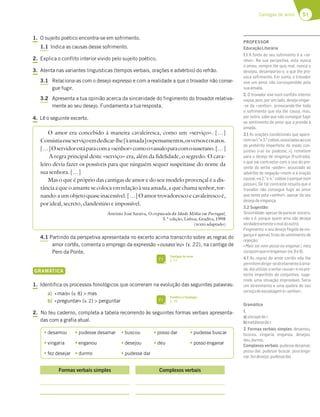 51
Cantigas de amor
1. O sujeito poético encontra-se em sofrimento.
1.1 Indica as causas desse sofrimento.
2. Explica o conflito interior vivido pelo sujeito poético.
3. Atenta nas variantes linguísticas (tempos verbais, orações e advérbio) do refrão.
3.1 Relaciona-as com o desejo expresso e com a realidade a que o trovador não conse-
gue fugir.
3.2 Apresenta a tua opinião acerca da sinceridade do fingimento do trovador relativa-
mente ao seu desejo. Fundamenta a tua resposta.
4. Lê o seguinte excerto.
4.1 Partindo da perspetiva apresentada no excerto acima transcrito sobre as regras do
amor cortês, comenta o emprego da expressão «ousass’eu» (v. 22), na cantiga de
Pero da Ponte.
GRAMÁTICA
1. Identifica os processos fonológicos que ocorreram na evolução das seguintes palavras:
a) «mais» (v. 8)  mas
b) «preguntar» (v. 2)  perguntar
2. No teu caderno, completa a tabela recorrendo às seguintes formas verbais apresenta-
das com a grafia atual.
Formas verbais simples Complexos verbais
O amor era concebido à maneira cavaleiresca, como um «serviço». […]
Consistiaesseserviçoemdedicar-lhe[àamada]ospensamentos,osversoseosatos.
[…]Oservidorestáparacoma«senhor»comoovassaloparacomosuserano.[…]
A regra principal deste «serviço» era, além da fidelidade, o segredo. O cava-
leiro devia fazer os possíveis para que ninguém sequer suspeitasse do nome da
sua senhora. […]
Mas o que é próprio das cantigas de amor e do seu modelo provençal é a dis-
tânciaaqueoamantesecolocaemrelaçãoàsuaamada,aquechamasenhor,tor-
nando-aumobjetoquaseinacessível.[…]Oamortrovadorescoecavaleirescoé,
por ideal, secreto, clandestino e impossível.
António José Saraiva, O crepúsculo da Idade Média em Portugal,
5.ª edição, Lisboa, Gradiva, 1998
(texto adaptado)
tdesamou tpudesse desamar tbuscou tposso dar tpudesse buscar
tvingaria tenganou tdesejou tdeu tposso enganar
tfez desejar tdurmo tpudesse dar
FI
Cantigas de amor
p. 53
FI
Fonética e fonologia
p. 38
PROFESSOR
EducaçãoLiterária
1.1 A fonte do seu sofrimento é a «se-
nhor». Na sua perspetiva, esta nunca
o amou, sempre lhe quis mal, nunca o
desejou, desamparou-o, o que lhe pro-
voca sofrimento. Em suma, o trovador
vive um amor não correspondido pela
suaamada.
2. O trovador vive num conﬂito interior
causa, pois, por um lado, deseja vingar-
-se da «senhor», provocando-lhe todo
o sofrimento que ela lhe causa, mas,
por outro, sabe que não consegue fugir
ao sentimento de amor que o prende à
amada.
3.1 As orações condicionais que apare-
cemna1.a
e3.a
coblas,associadasaouso
do pretérito imperfeito do modo con-
juntivo («se eu podesse…»), remetem
para o desejo de vingança (frustrado),
o que vai contrastar com o uso do pre-
sente do verbo «poder», associado ao
advérbio de negação «nom» e à oração
causal, na 2.a
e 4.a
coblas («porque nom
posso»). De tal contraste resulta que o
trovador não consegue fugir ao amor
que sente pela «senhor», apesar do seu
desejodevingança.
3.2 Sugestão:
Sinceridade: apesar de parecer sincero,
não o é, porque quem ama não deseja
verdadeiramenteomaldooutro;
Fingimento: o seu desejo ﬁngido de vin-
gança é apenas fruto do sentimento de
rejeição;
«Mais sol nom posso eu enganar / meu
coraçomquem’enganou»(vv.8e9).
4.1 As regras do amor cortês não lhe
permitemdirigir-sediretamenteàama-
da, daí utilizar o verbo «ousar» e no pre-
térito imperfeito do conjuntivo, suge-
rindo uma situação improvável. Seria
um atrevimento e uma quebra do seu
serviçodevassalagemà«senhor».
Gramática
1.
a)síncopedei;
b)metáteseder.
2. Formas verbais simples: desamou,
buscou, vingaria, enganou, desejou,
deu,durmo.
Complexos verbais: pudesse desamar,
posso dar, pudesse buscar, poss’enga-
nar,fezdesejar,pudessedar.
 