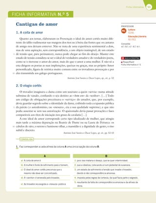 53
Ficha informativa
FICHA INFORMATIVA N.O
5
Cantigas de amor
1. A coita de amor
Quanto aos temas, elaboraram os Provençais o ideal do amor cortês muito dife-
rente do idílio rudimentar nas margens dos rios ou à beira das fontes que os cantares
de amigo nos deixam entrever. Não se trata de uma experiência sentimental a dois,
mas de uma aspiração, sem correspondência, a um objeto inatingível, de um estado
de tensão que, para permanecer, nunca pode chegar ao fim do desejo. Manter este
estado de tensão considera-se ser o ideal do verdadeiro amador e do verdadeiro poeta,
como se o movesse o amor do amor, mais do que o amor a uma mulher. E não só a
esta dirigem os poetas as suas implorações, queixas ou graças, mas ao próprio Amor
personificado, figura de retórica muito comum entre os trovadores provençais e por
eles transmitida aos galego-portugueses.
António José Saraiva e Óscar Lopes, op., cit., p. 52
2. O elogio cortês
O trovador imaginava a dama como um suserano a quem «servia» numa atitude
submissa de vassalo, confiando o seu destino ao «bom sen» da «senhor». […] Todo
um código de obrigações preceituava o «serviço» do amador, que, por exemplo,
devia guardar segredo sobre a identidade da dama, coibindo toda a expansão pública
da paixão (o autodomínio, ou «mesura», era a sua qualidade suprema), e que não
podia ausentar-se sem sua autorização. O apaixonado devia passar provações e fases
comparáveis aos ritos de iniciação nos graus da cavalaria […].
A este ideal de amor corresponde certo tipo idealizado de mulher, que atingiu
mais tarde a máxima depuração na Beatriz de Dante ou na Laura de Petrarca: os
cabelos de oiro, o sereno e luminoso olhar, a mansidão e a dignidade do gesto, o riso
subtil e discreto.
António José Saraiva e Óscar Lopes, op. cit., pp. 52-53
CONSOLIDA
1. Faz corresponder a cada alínea da coluna A uma única opção da coluna B.
5
10
5
10
A B
a) A coita de amor é 1. pois isso mataria o desejo, que se quer interminável.
b) A mulher é fonte de sofrimento para o homem, 2. que a idealiza, colocando-a num pedestal de suserana.
c) O ideal do amor cortês preconiza que o
mesmo não deve ser concretizado,
3. um estado de sofrimento e tensão que invade o trovador,
devido à não correspondência amorosa.
d) A «senhor» é venerada pelo trovador, 4. imposta pelas regras de cortesia, da qual fazia parte o segredo.
e) Ao trovador era exigida a «mesura» pública
5. resultante da falta de correspondência amorosa e da altivez da
dona.
PROFESSOR
Leitura
7.2; 8.1.
Educação Literária
15.1; 15.2.
MC
Consolida
a)3; b)5; c)1; d)2; e)4.
PowerPoint
Ficha informativa n.o
5
 