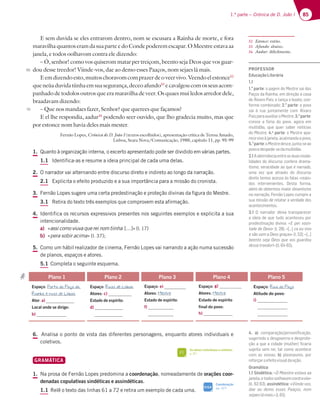 85
1.ª parte – Crónica de D. João I
E sem duvida se eles entrarom dentro, nom se escusara a Rainha de morte, e fora
maravilha quantos eram da sua parte e do Conde poderem escapar. O Meestre estava aa
janela, e todos oolhavom contra ele dizendo:
– Ó, senhor! como vos quiserom matar per treiçom, beento seja Deos que vos guar-
dou desse treedor! Viinde-vos, dae ao demo esses Paaços, nom sejaes lá mais.
Eemdizendoesto,muitoschoravomcomprazerdeoveervivo.Veendoelestonce32
queneùaduvidatiinhaemsuasegurança,deceoafundo33
ecavalgoucomosseusacom-
panhado de todolos outros que era maravilha de veer. Os quaes mui ledos arredor dele,
braadavam dizendo:
– Que nos mandaes fazer, Senhor? que querees que façamos?
E el lhe respondia, aadur34
podendo seer ouvido, que lho gradecia muito, mas que
por estonce nom havia deles mais mester.
Fernão Lopes, Crónica de D. João I (textos escolhidos), apresentação crítica de Teresa Amado,
Lisboa, Seara Nova/Comunicação, 1980, capítulo 11, pp. 95-99
1. Quanto à organização interna, o excerto apresentado pode ser dividido em várias partes.
1.1 Identifica-as e resume a ideia principal de cada uma delas.
2. O narrador vai alternando entre discurso direto e indireto ao longo da narração.
2.1 YQMJDJUBPFGFJUPQSPEV[JEPFBTVBJNQPSUÉODJBQBSBBNJTTÍPEPDSPOJTUB
3. Fernão Lopes sugere uma certa predestinação e proteção divinas da figura do Mestre.
3.1 Retira do texto três exemplos que comprovem esta afirmação.
4. Identifica os recursos expressivos presentes nos seguintes exemplos e explicita a sua
intencionalidade.
a) «assi como viuva que rei nom tiinha […]» (l. 17)
b) «pera sobir acima» (l. 37);
5. Como um hábil realizador de cinema, Fernão Lopes vai narrando a ação numa sucessão
de planos, espaços e atores.
5.1 Completa o seguinte esquema.
6. Analisa o ponto de vista das diferentes personagens, enquanto atores individuais e
coletivos.
GRAMÁTICA
1. Na prosa de Fernão Lopes predomina a coordenação, nomeadamente de orações coor-
denadas copulativas sindéticas e assindéticas.
1.1 Relê o texto das linhas 61 a 72 e retira um exemplo de cada uma.
Plano 1
Espaço: Porta do Paço da
Rainha e ruas de Lisboa
Ator: a)
Local onde se dirige:
b)
Plano 2
Espaço: Ruas de Lisboa
Atores: c)
Estado de espírito:
d)
Plano 3
Espaço: e)
Atores: Mestre
Estado de espírito:
f)
Plano 4
Espaço: g)
Atores: Mestre
Estado de espírito
final do povo:
h)
Plano 5
Espaço: Rua do Paço
Atitude do povo:
i)
32 Estonce: então.
33 Afundo: abaixo.
34 Aadur: dificilmente.
65
70
Os atores individuais e coletivos
p. 87
FI
Coordenação
pp. 327
SIGA
PROFESSOR
EducaçãoLiterária
1.1
1.a
parte: o pajem do Mestre sai dos
Paços da Rainha, em direção à casa
de Álvaro Pais, e lança o boato, con-
forme combinado; 2.a
parte: o povo
sai à rua juntamente com Álvaro
PaisparaauxiliaroMestre;3.a
parte:
cresce a fúria do povo, agora em
multidão, que quer saber notícias
do Mestre; 4.a
parte: o Mestre apa-
recevivoàjanela,acalmandoopovo;
5.a
parte:oMestredesce,junta-seao
povoedespede-sedamultidão.
2.1Aalternânciaentreasduasmoda-
lidades do discurso confere drama-
tismo, veracidade ao que é narrado,
uma vez que através do discurso
direto temos acesso às falas «reais»
dos intervenientes. Desta forma,
além de obtermos maior dinamismo
na narração, Fernão Lopes cumpre a
sua missão de relatar a verdade dos
acontecimentos.
3.1 O narrador deixa transparecer
a ideia de que tudo aconteceu por
predestinação divina: «E per voon-
tade de Deos» (l. 28); «[…] ca eu vivo
e são som a Deos graças» (l. 52); «[…]
beento seja Deos que vos guardou
dessetreedor!»(ll.64-65).
4. a) comparação/personiﬁcação,
sugerindo o desgoverno e desprote-
ção a que a cidade (mulher) ﬁcaria
sujeita sem rei, tal como acontece
com as viúvas; b) pleonasmo, por
reforçaroefeitovisualdaação.
Gramática
1.1 Sindética: «O Meestre estava aa
janela,etodosoolhavomcontraele»
(ll. 62-63); assindética: «Viinde-vos,
dae ao demo esses Paaços, nom
sejaeslámais.»(l.65)
 
