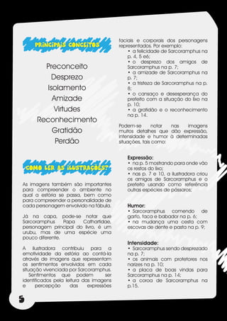 faciais e corporais dos personagens
      PRINCIPAIS CONCEITOS                 representados. Por exemplo:
                                               •	 a felicidade de Sarcoramphus na
                                               p. 4, 5 e6;
                                               •	 o desprezo dos amigos de
         Preconceito                           Sarcoramphus na p. 7;
                                               •	 a amizade de Sarcoramphus na
           Desprezo                            p. 7;
                                               •	 a tristeza de Sarcoramphus na p.
         Isolamento                            8;
                                               •	 o cansaço e desesperança do
           Amizade                             prefeito com a situação do lixo na
                                               p. 10;
            Virtudes                           •	 a gratidão e o reconhecimento
                                               na p. 14.
       Reconhecimento
                                           Podem-se        notar nas  imagens
           Gratidão                        muitos detalhes que dão expressão,
                                           intensidade e humor à determinadas
            Perdão                         situações, tais como:


                                              Expressão:
                                              •	 na p. 5 mostrando para onde vão
    COMO LER AS ILUSTRAÇÕES?                  os restos do lixo;
                                              •	 nas p. 7 e 10, a ilustradora criou
                                              os amigos de Sarcoramphus e o
As imagens também são importantes             prefeito usando como referência
para compreender o ambiente no                outras espécies de pássaros;
qual a estória se passa, bem como
para compreender a personalidade de
cada personagem envolvido na fábula.          Humor:
                                              •	 Sarcoramphus comendo de
Já na capa, pode-se notar que                 garfo, faca e babador na p. 6;
Sarcoramphus     Papa  Cathartidae,           •	 na mudança uma cesta com
personagem principal do livro, é um           escovas de dente e pasta na p. 9;
urubu, mas de uma espécie uma
pouco diferente.
                                              Intensidade:
A ilustradora contribuiu para a               •	 Sarcoramphus sendo desprezado
emotividade da estória ao contá-la            na p. 7;
através de imagens que representam            •	 os animais com protetores nos
os sentimentos envolvidos em cada             narizes na p. 10;
situação vivenciada por Sarcoramphus.         •	 a placa de boas vindas para
    Sentimentos que podem            ser      Sarcoramphus na p. 14;
identificados pela leitura das imagens        •	 a coroa de Sarcoramphus na
e     percepção      das     expressões       p.15.


5
 