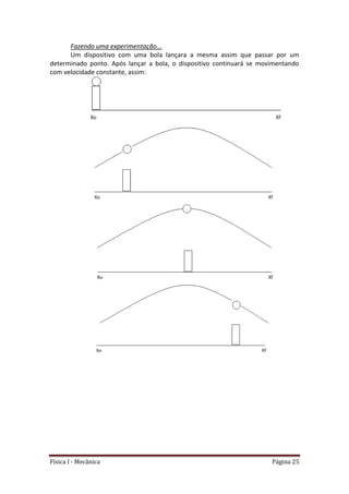 Física I - Mecânica Página 25
Fazendo uma experimentação...
Um dispositivo com uma bola lançara a mesma assim que passar por um
determinado ponto. Após lançar a bola, o dispositivo continuará se movimentando
com velocidade constante, assim:
 