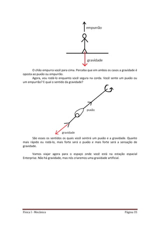 Física I - Mecânica Página 35
O chão empurra você para cima. Perceba que em ambos os casos a gravidade é
oposta ao puxão ou empurrão.
Agora, vou rodá-lo enquanto você segura na corda. Você sente um puxão ou
um empurrão? E qual o sentido da gravidade?
São esses os sentidos os quais você sentirá um puxão e a gravidade. Quanto
mais rápido eu rodá-lo, mais forte será o puxão e mais forte será a sensação de
gravidade.
Vamos viajar agora para o espaço onde você está na estação espacial
Enterprise. Não há gravidade, mas nós criaremos uma gravidade artificial.
 
