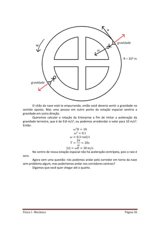 Física I - Mecânica Página 36
O chão da nave está te empurrando, então você deveria sentir a gravidade no
sentido oposto. Mas uma pessoa em outro ponto da estação espacial sentiria a
gravidade em outra direção.
Queremos calcular a rotação da Enterprise a fim de imitar a aceleração da
gravidade terrestre, que é de 9.8 m/s², ou podemos arredondar o valor para 10 m/s².
Então:
| |
No centro de nossa estação espacial não há aceleração centrípeta, pois o raio é
zero.
Agora vem uma questão: nós podemos andar pelo corredor em torno da nave
sem problema algum, mas poderíamos andar nos corredores centrais?
Digamos que você quer chegar até o quarto.
 