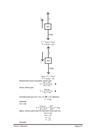 Física I - Mecânica Página 55
Resolvendo nossas equações, temos que:
Assim, temos que:
Considerando que m2 = m1 = m  a = 0, obtemos:
Exemplo:
m1 = m2
Agora, vamos supor que m2 seja bem maior que m1.
Exemplo:
 