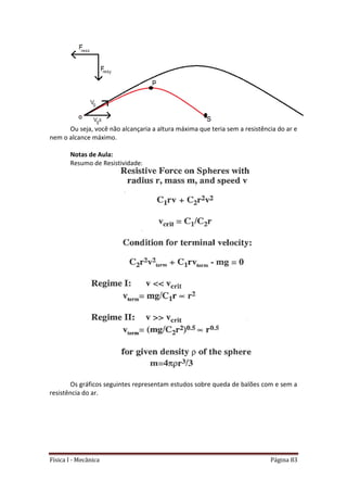 Física I - Mecânica Página 83
Ou seja, você não alcançaria a altura máxima que teria sem a resistência do ar e
nem o alcance máximo.
Notas de Aula:
Resumo de Resistividade:
Os gráficos seguintes representam estudos sobre queda de balões com e sem a
resistência do ar.
 